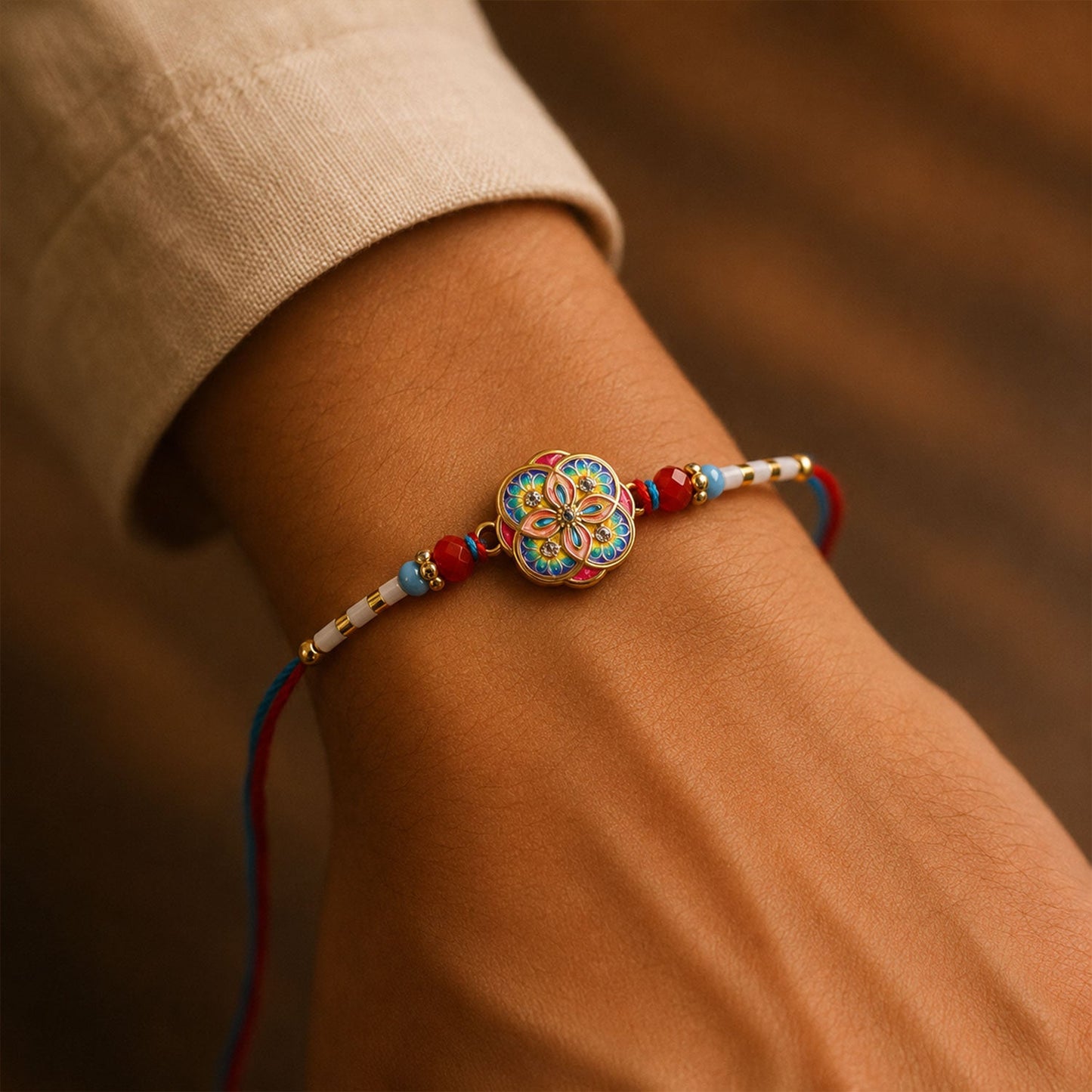 Close-up of red beads and kundan work on round rakhi