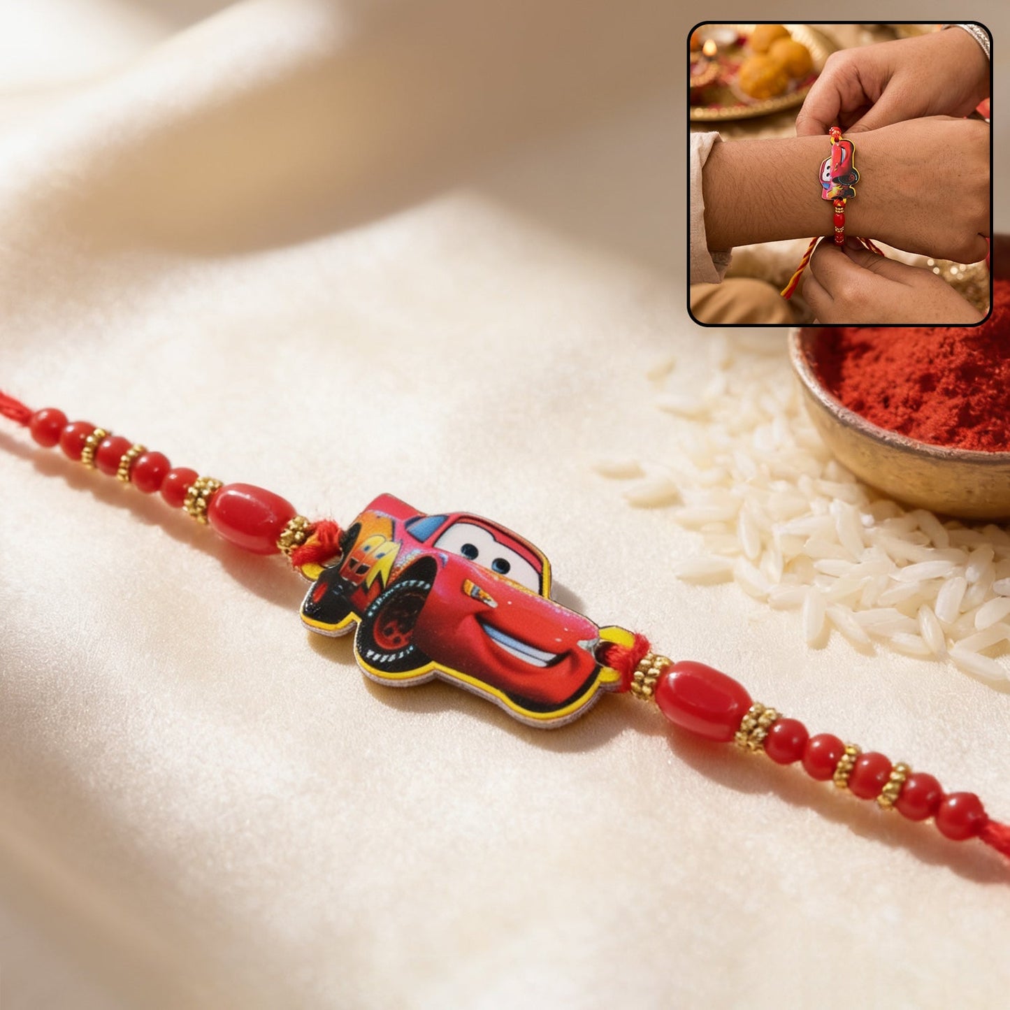 Vibrant Kids Racing Car Rakhi with gold beads and comfortable red thread.