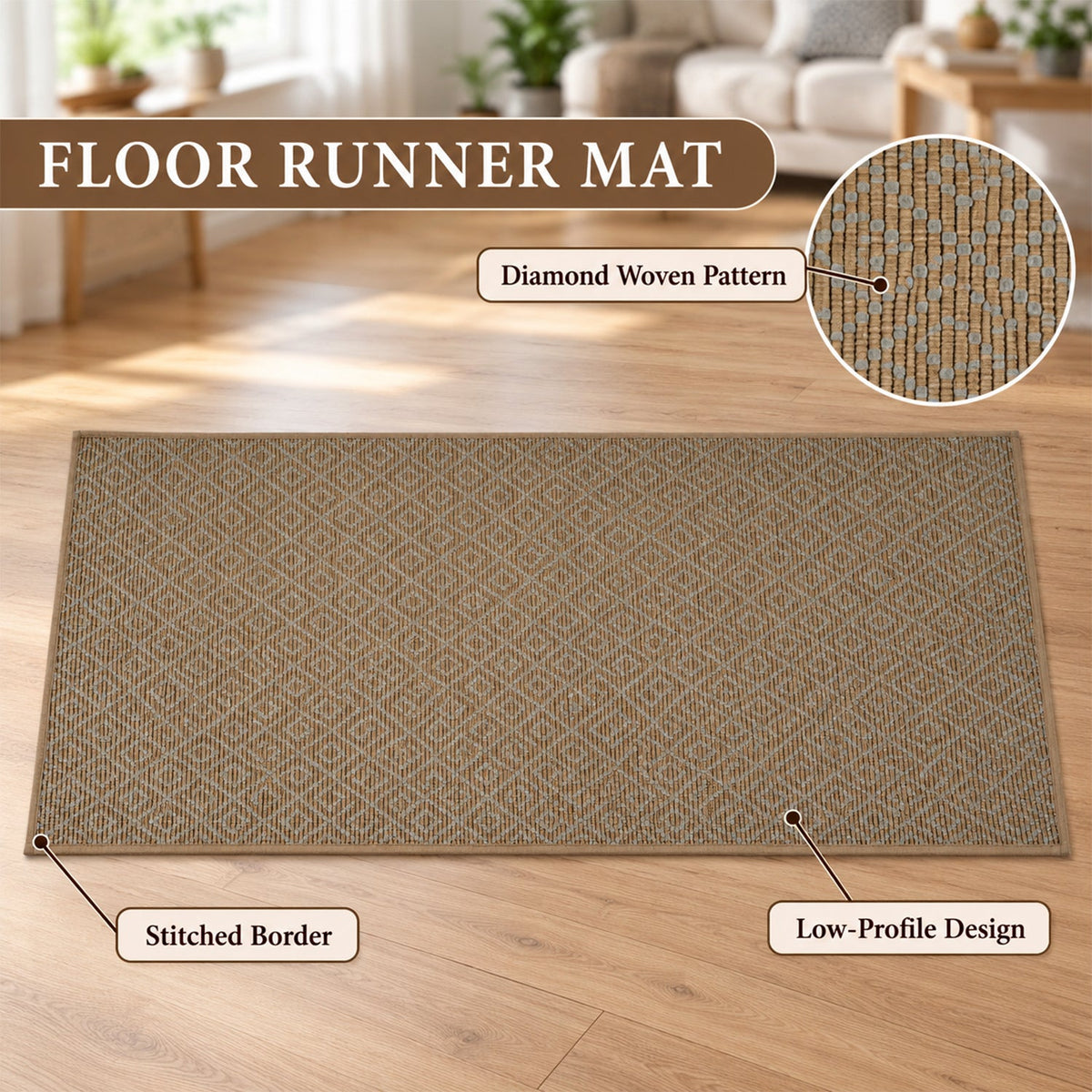A brown runner mat with a diamond woven pattern, stitched border, and low-profile design is highlighted.