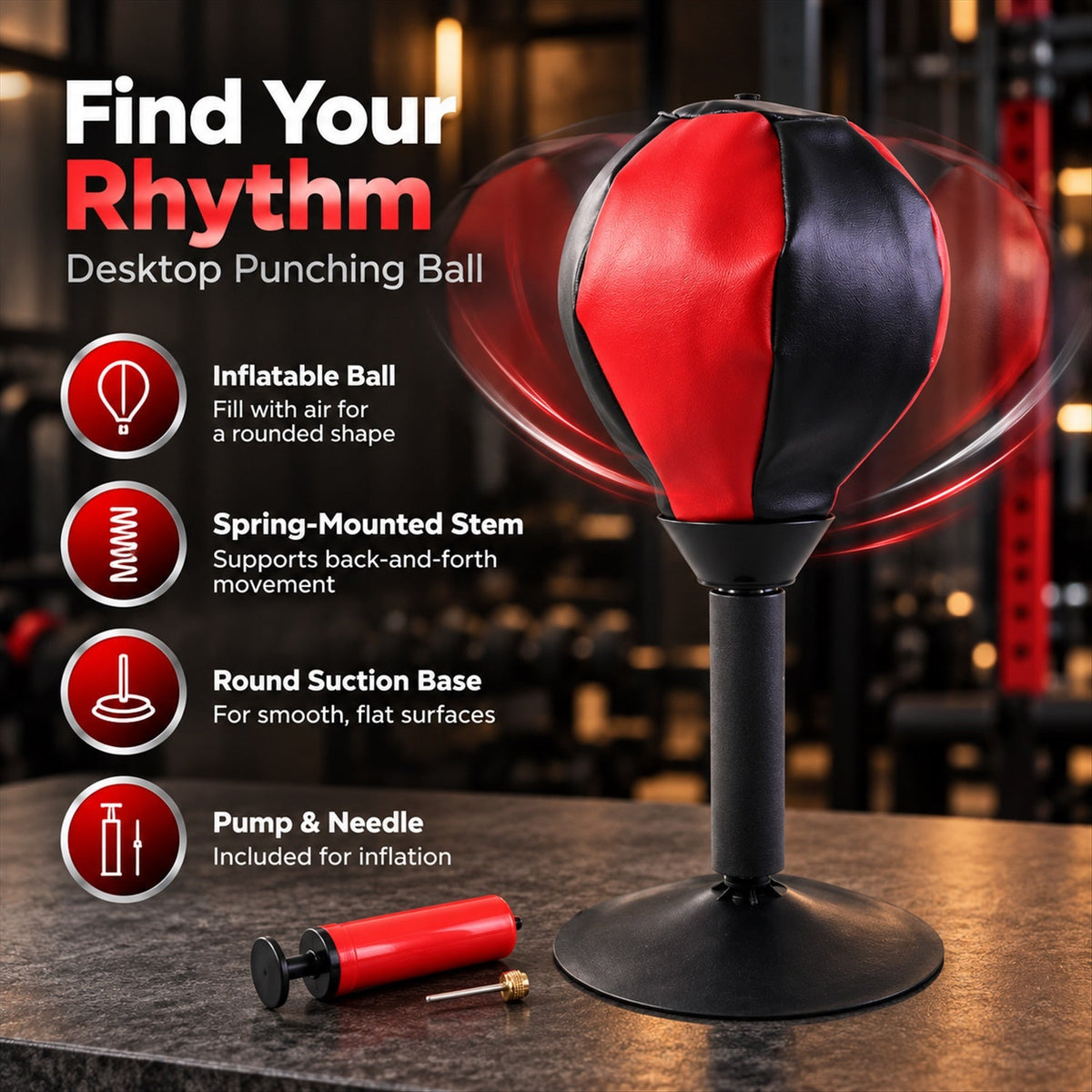 A red and black desktop punching ball with a black base, accompanied by text describing its features and a red pump.