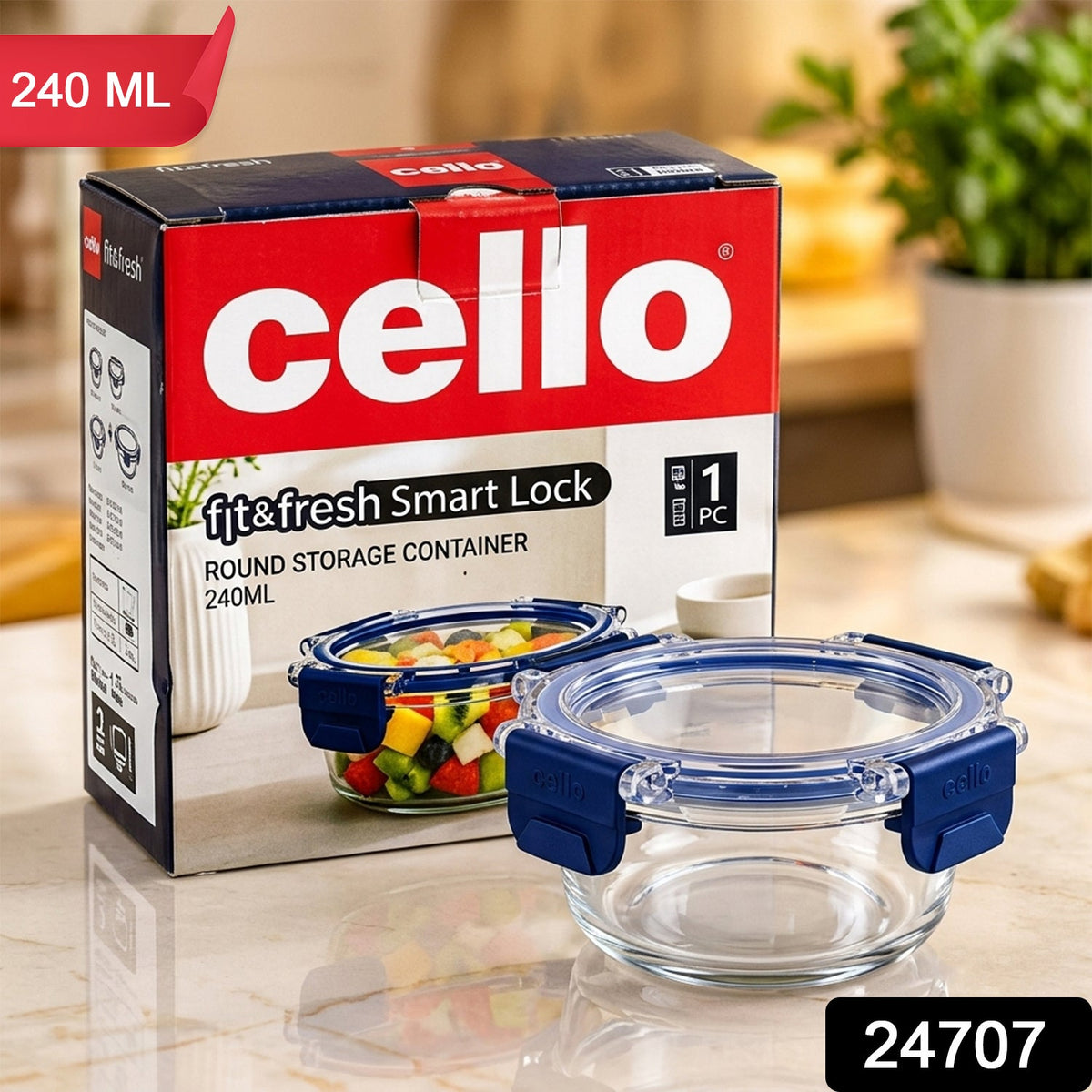 Cello 240ml Round Glass Food Storage Container with Smart Lock Lid (1 Pc)