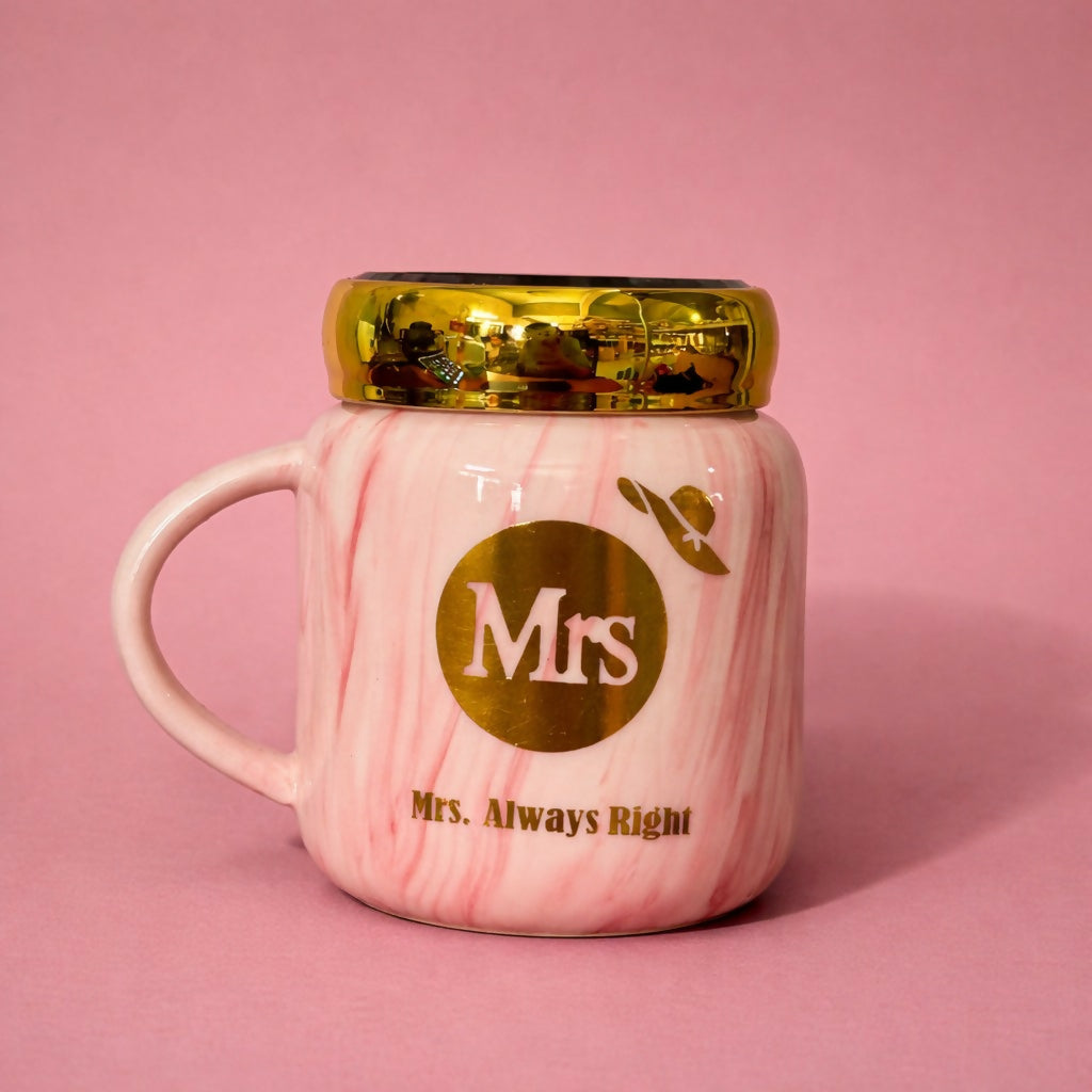 Mrs Printed Ceramic Mug with Lid, Gift Coffee Cup for Women