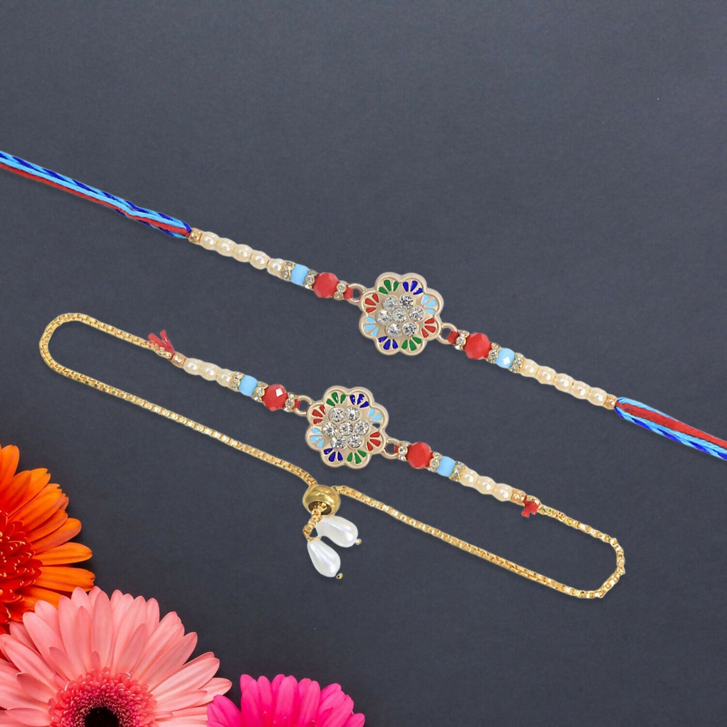 Close-up of decorative thread on lumba rakhi for bhabhi with vibrant colors