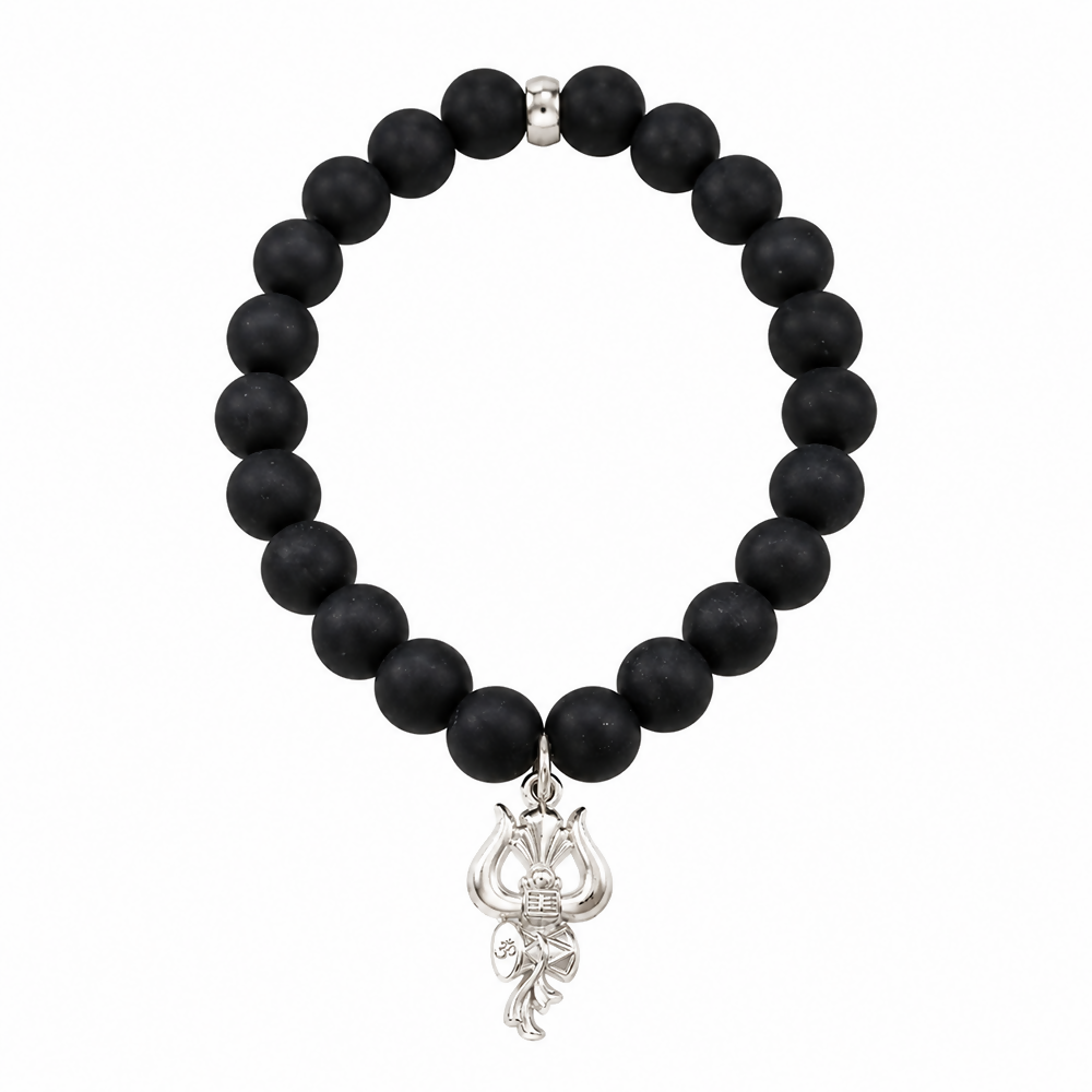 Black Matte Beads Bracelet with Trishul Charm for Mens