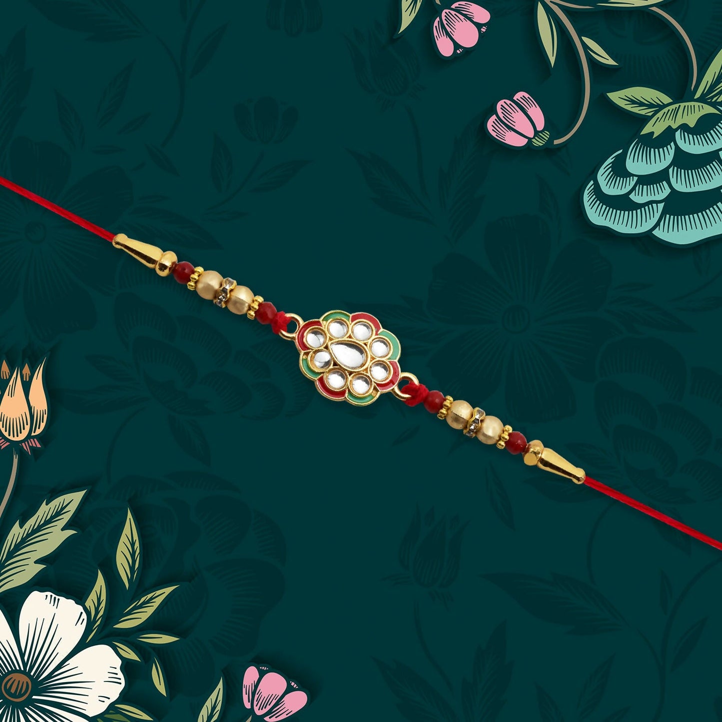 Close-up of sparkling kundan stones on floral rakhi with red thread
