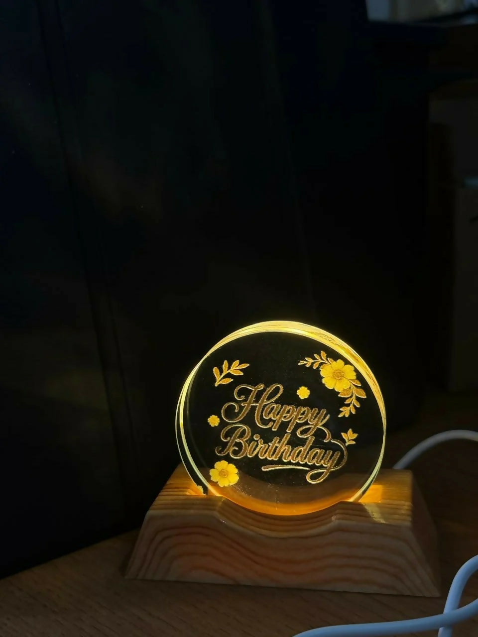 Happy Birthday LED Lamp Wooden Base Decorative Night Light