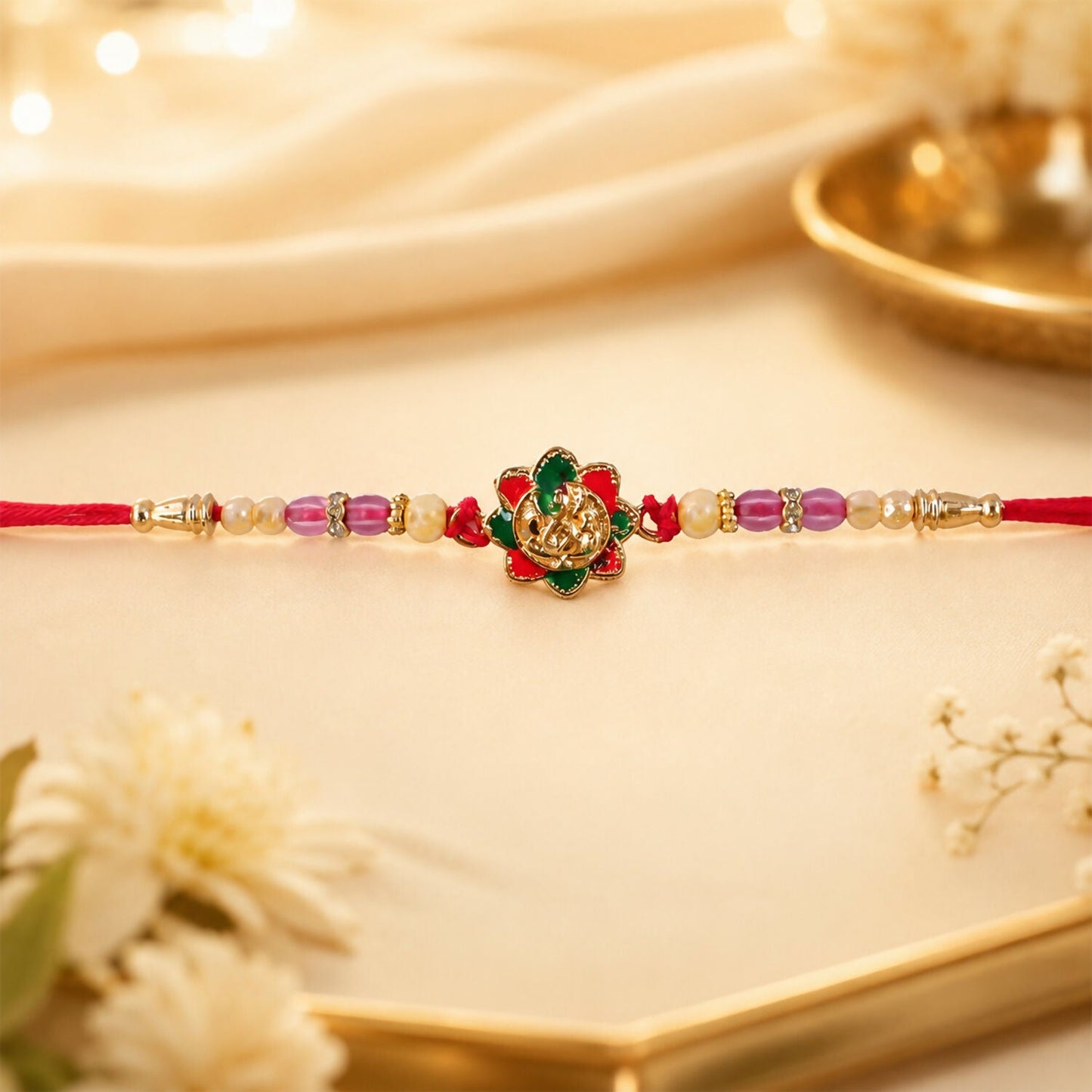Elegant Ganesha motif Rakhi with floral beads for festival