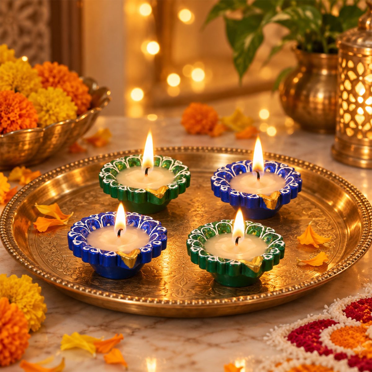 Decorative Flower-Shaped Clay Wax Diyas in Blue & Green (4 Pc)