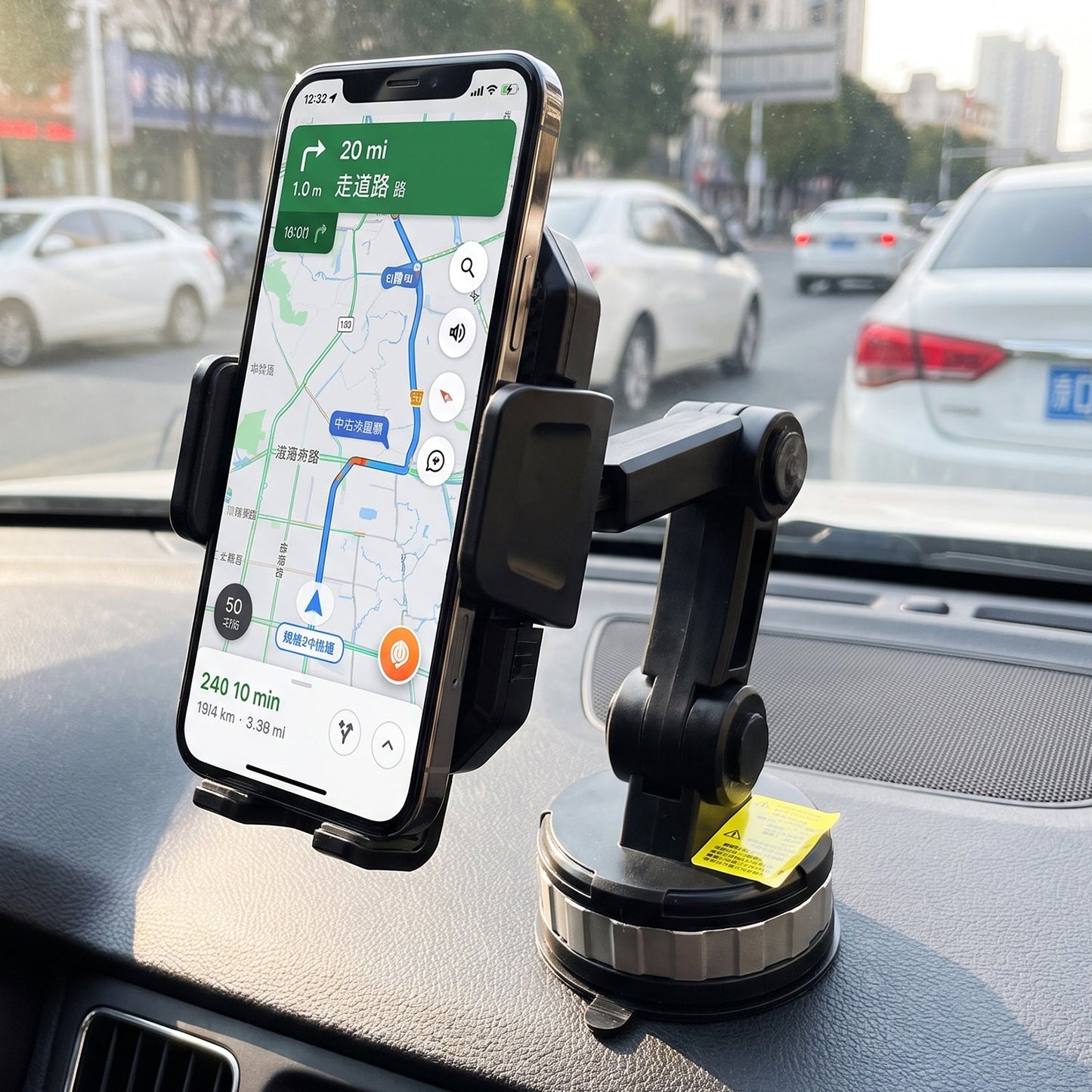 A black phone holder with a long, adjustable arm is attached to a car's dashboard, holding a phone with a map app open.