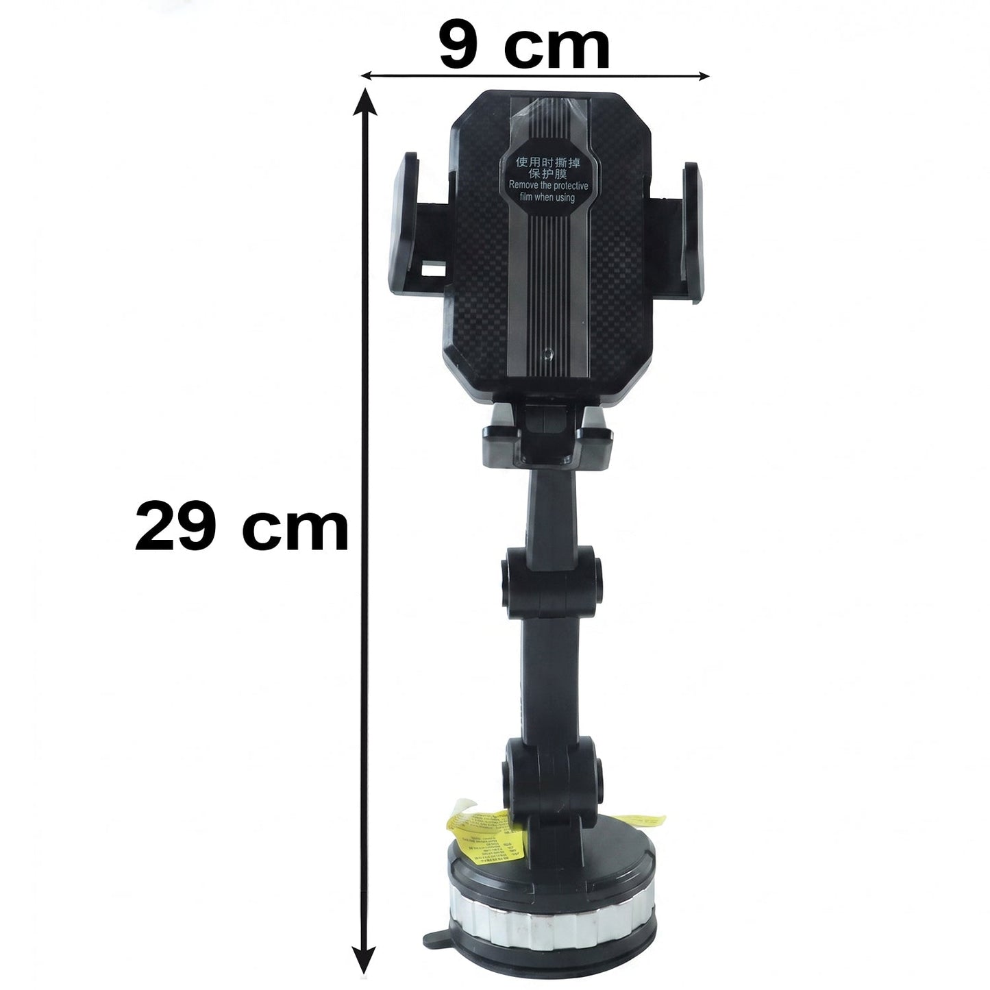 A black car mount phone holder with a textured grip and silver-ringed base is shown with dimensions of 29 cm height and 9 cm