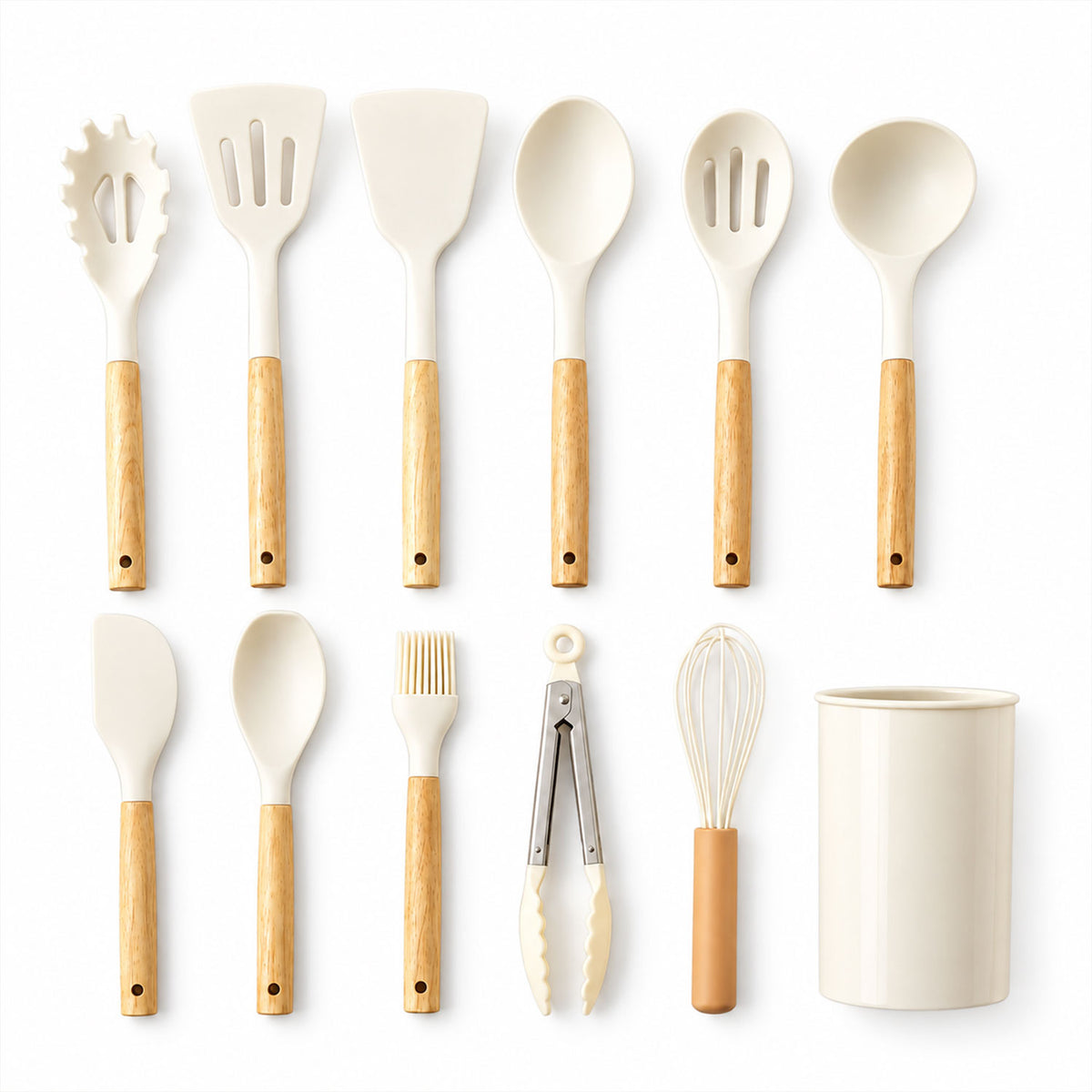 Silicone Kitchen Utensil Set with Wooden Handles and Storage Holder (12 Pc)