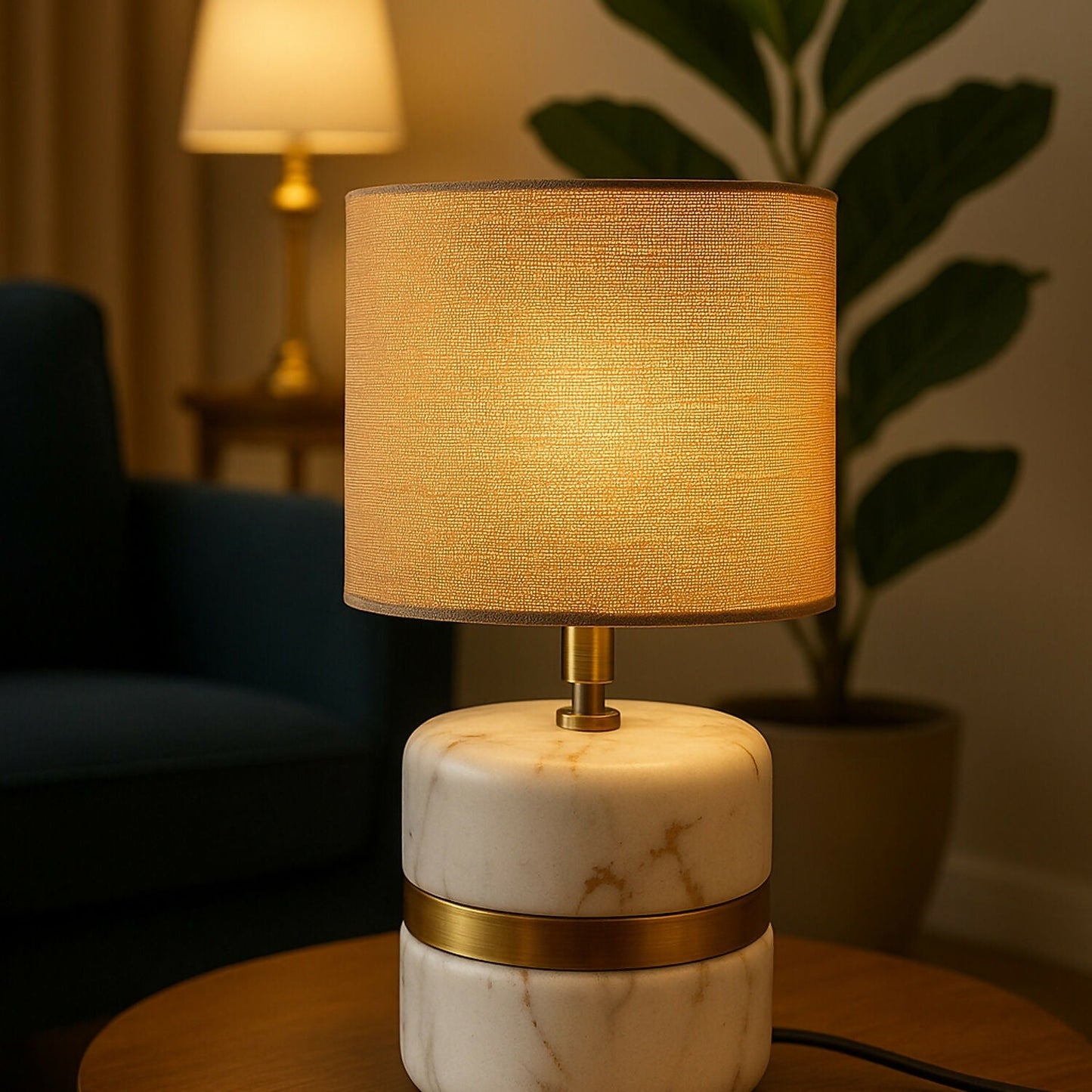 Luxury Marble Base Table Lamp with Warm Fabric Shade Decorative Bedside Room