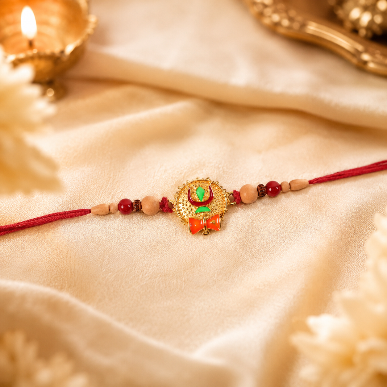 Beautiful traditional rakhi with green stone centerpiece and decorative beads