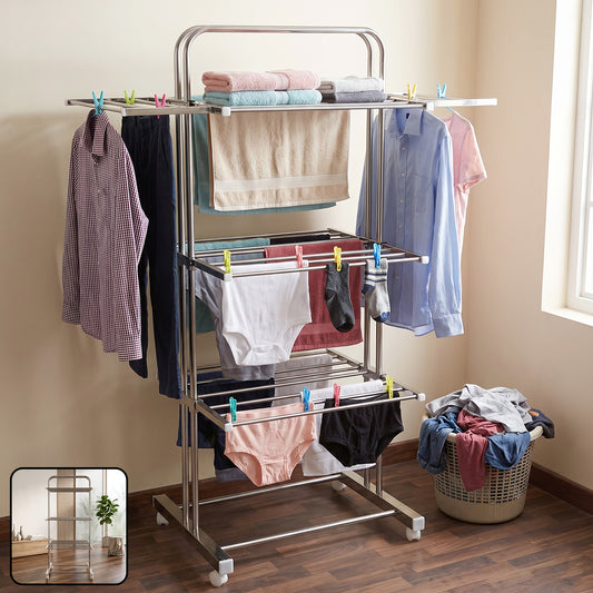 3 Layer Foldable Stainless Steel Cloth Drying Stand with Wheels