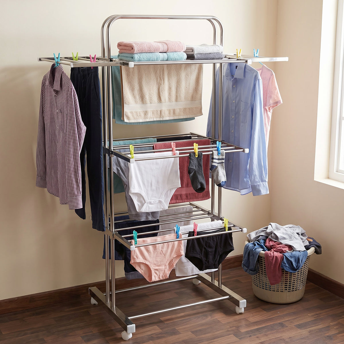 3 Layer Foldable Stainless Steel Cloth Drying Stand with Wheels