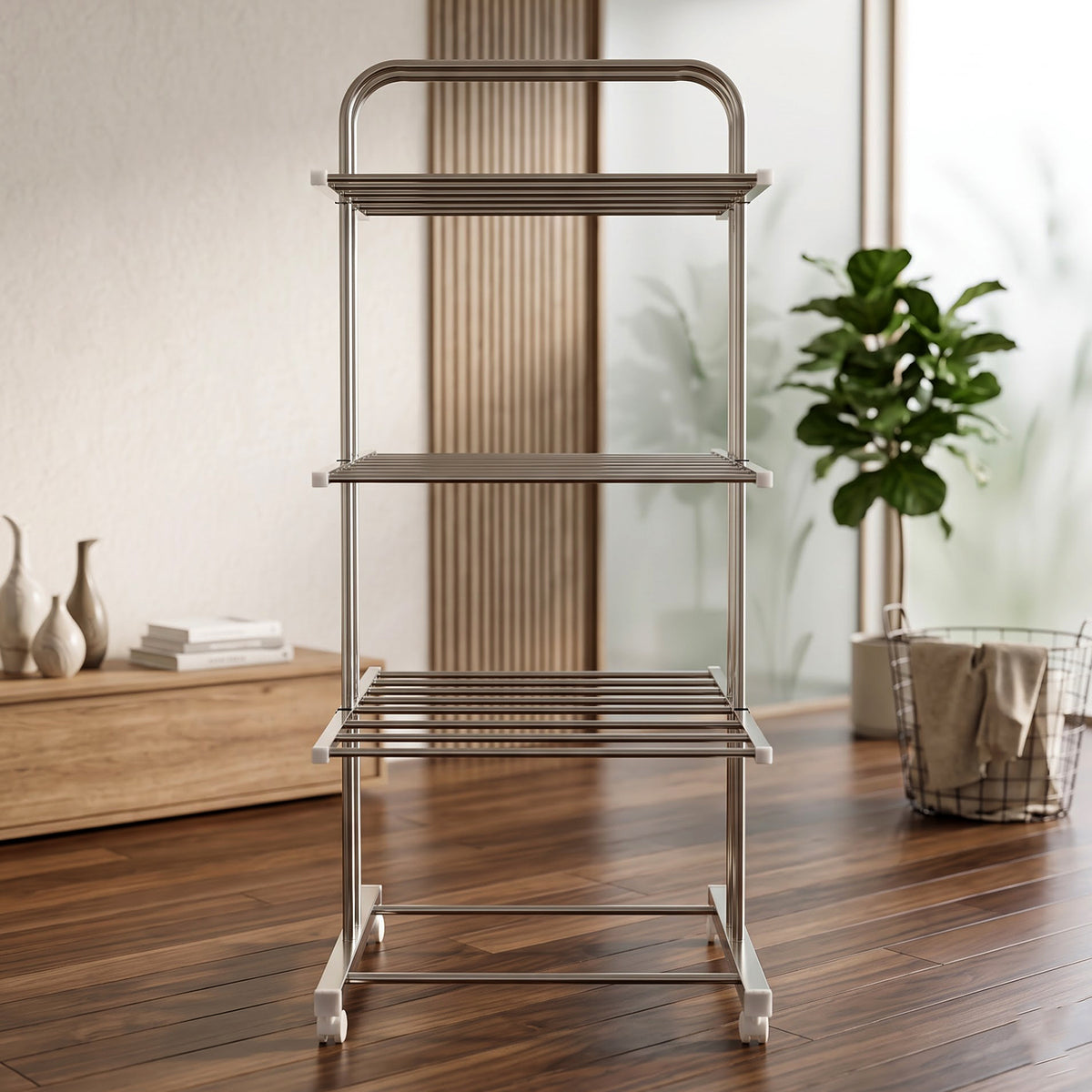 3 Layer Foldable Stainless Steel Cloth Drying Stand with Wheels