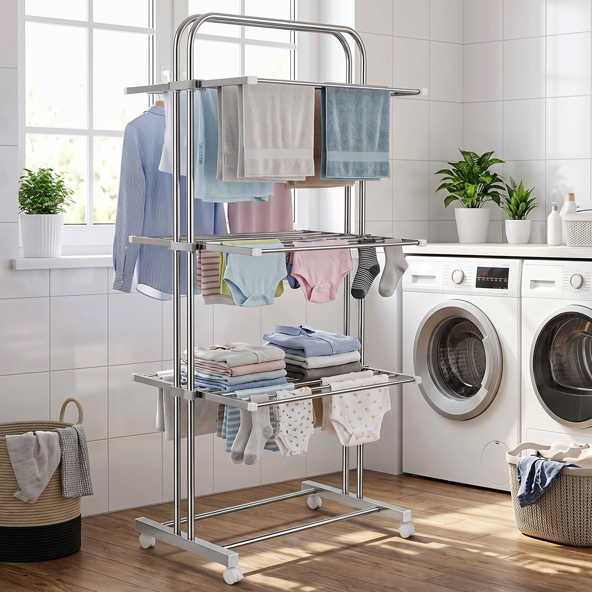 3 Layer Foldable Stainless Steel Cloth Drying Stand with Wheels