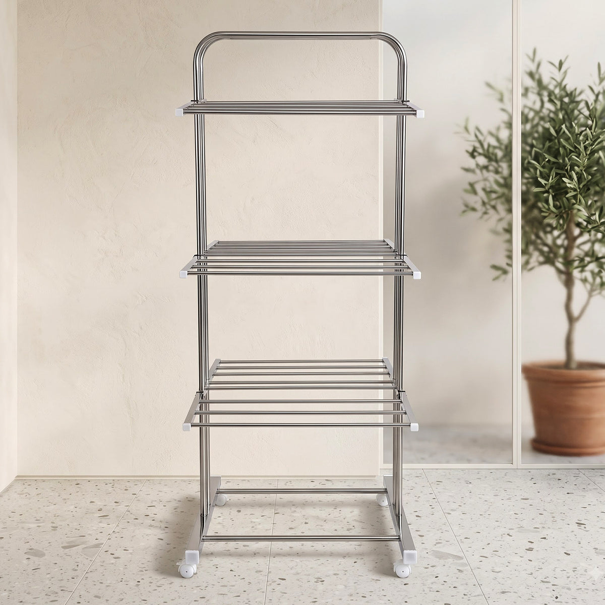 3 Layer Foldable Stainless Steel Cloth Drying Stand with Wheels