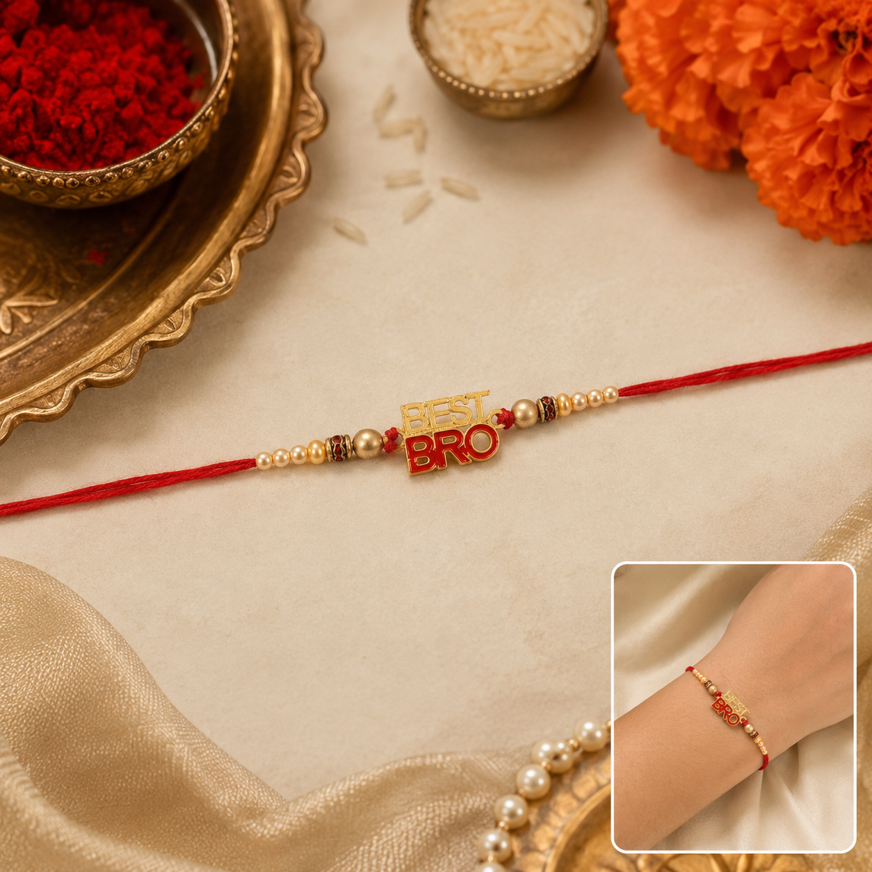 Beautifully crafted rakhi in bright colors with pearl beads and gold letter design