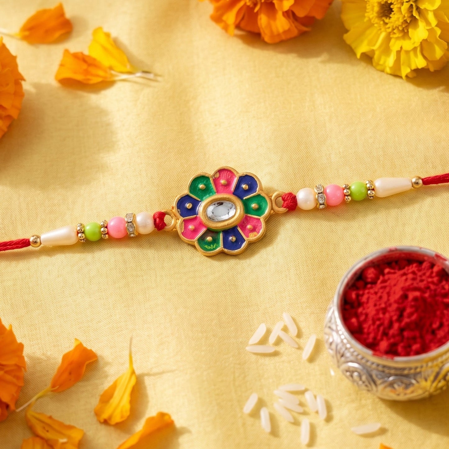 Top-down view of multicolor flower rakhi with pastel beads
