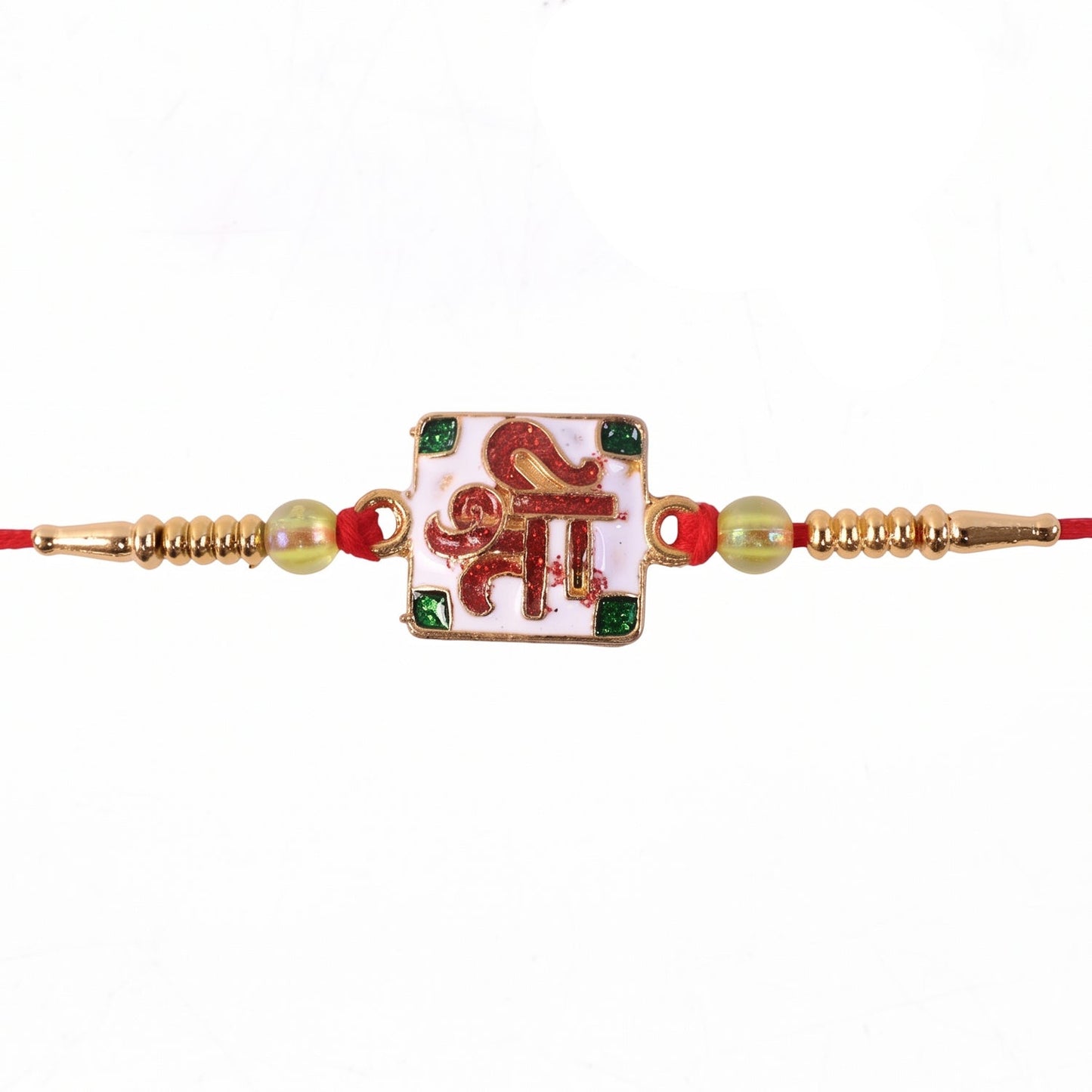 Top view of the Shree Symbol Rakhi with gold beads