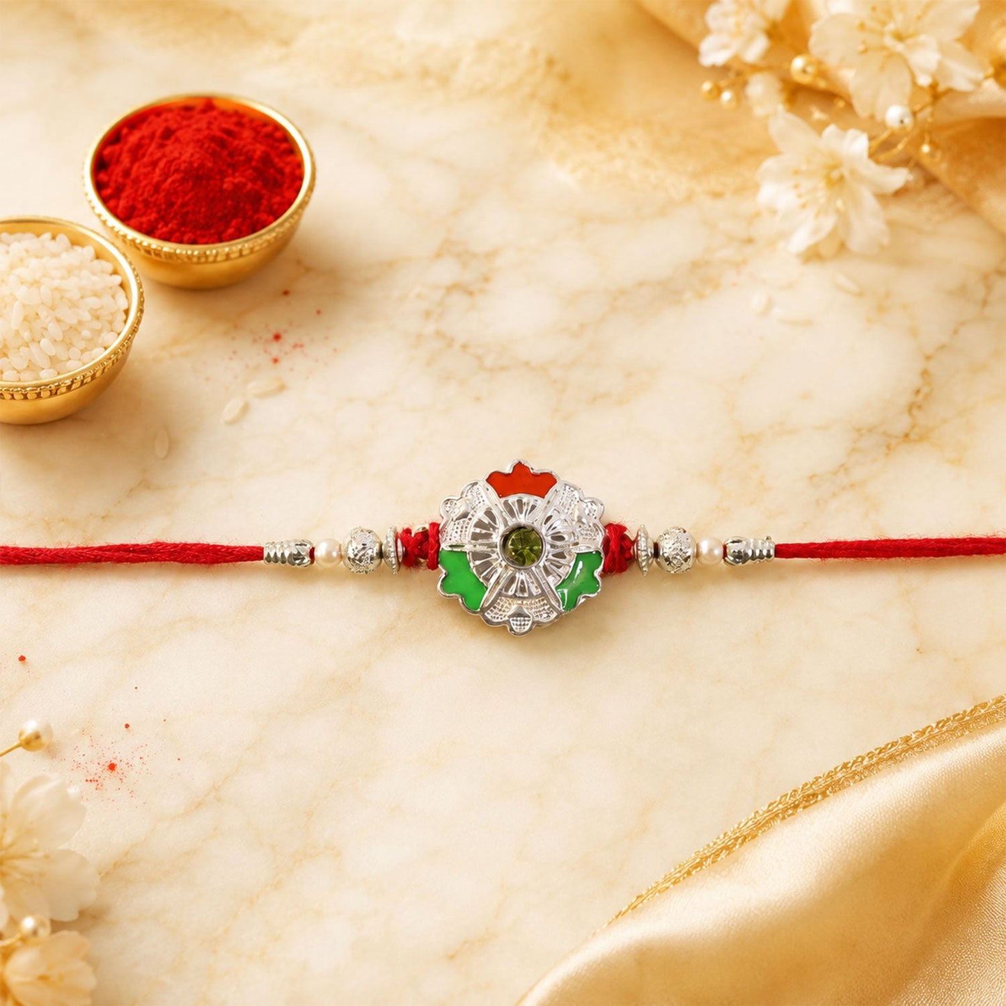 Traditional green white flower rakhi with detailed finishing