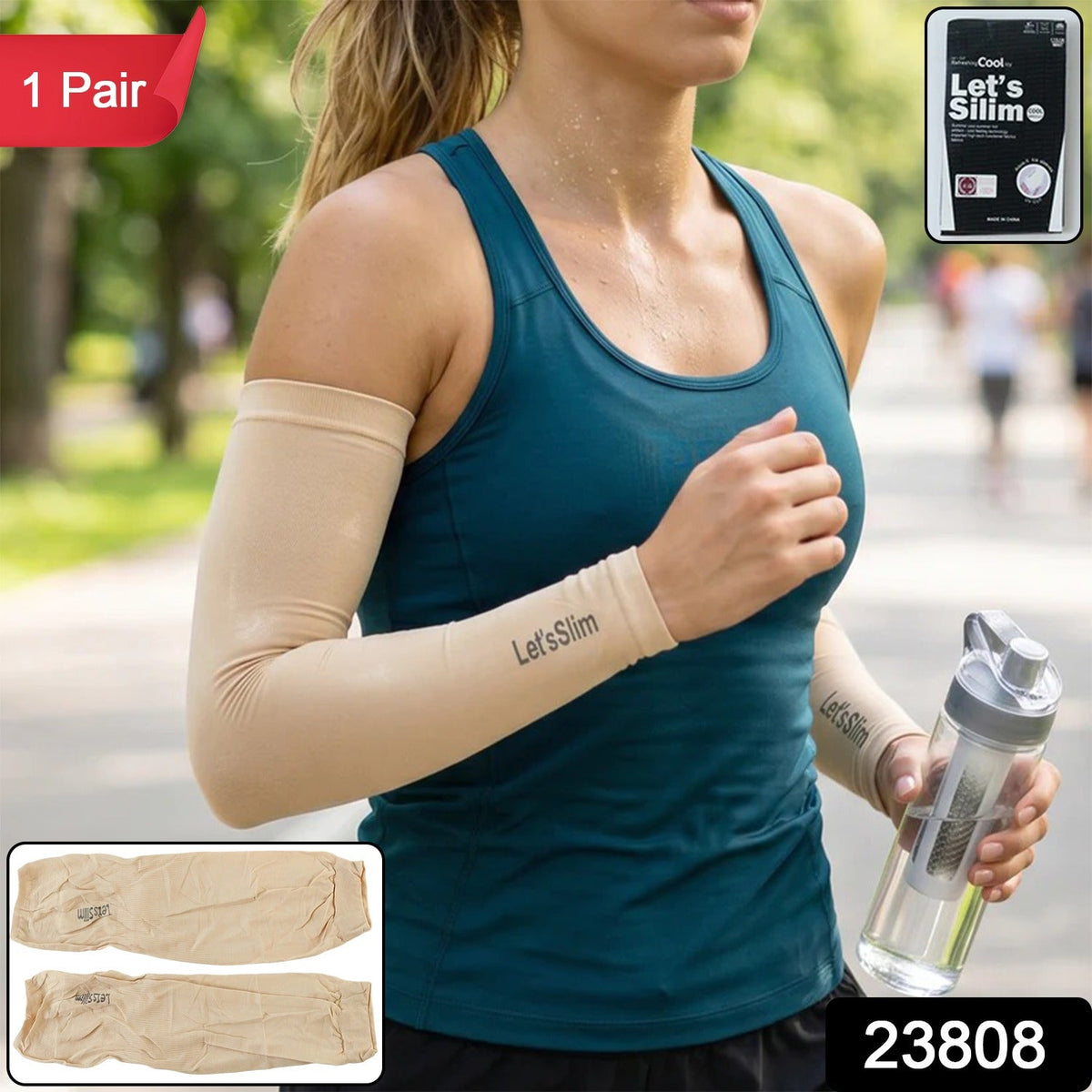 A woman running outdoors, wearing beige arm sleeves, holding a water bottle, with a "1 Pair" label.