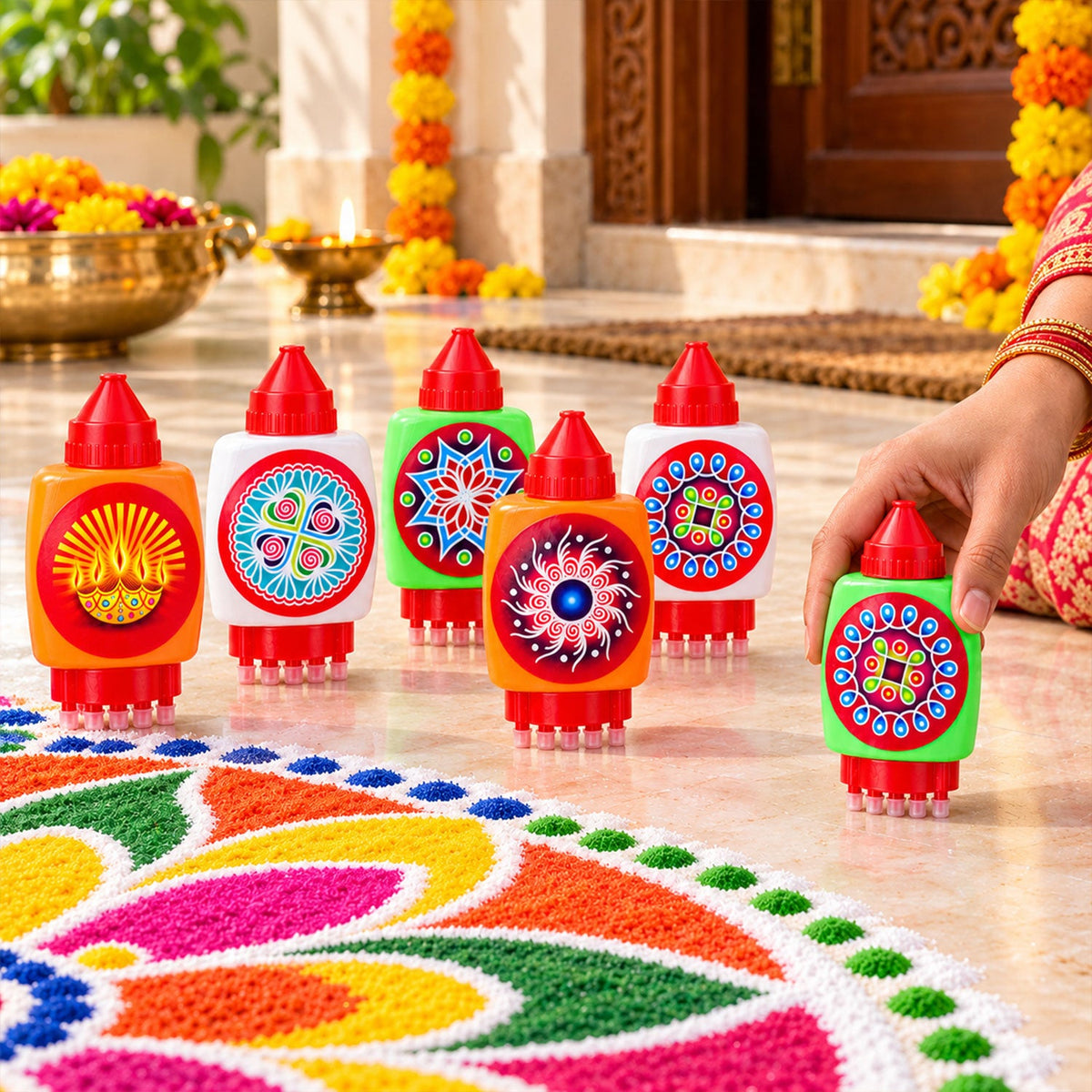 Plastic Rangoli Colour Filling Bottles with Nozzle and Dot Stamp (6 Pc)