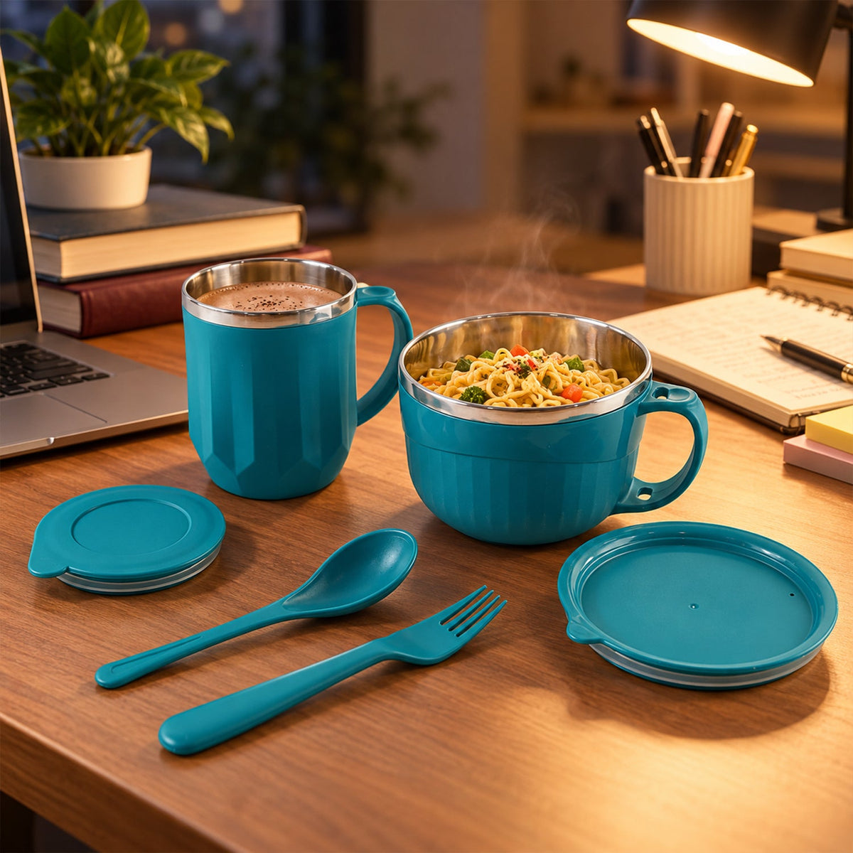 Apex Midnight Gift Set with 400ml Mug, 700ml Soup Bowl, Lids, Spoon and Fork