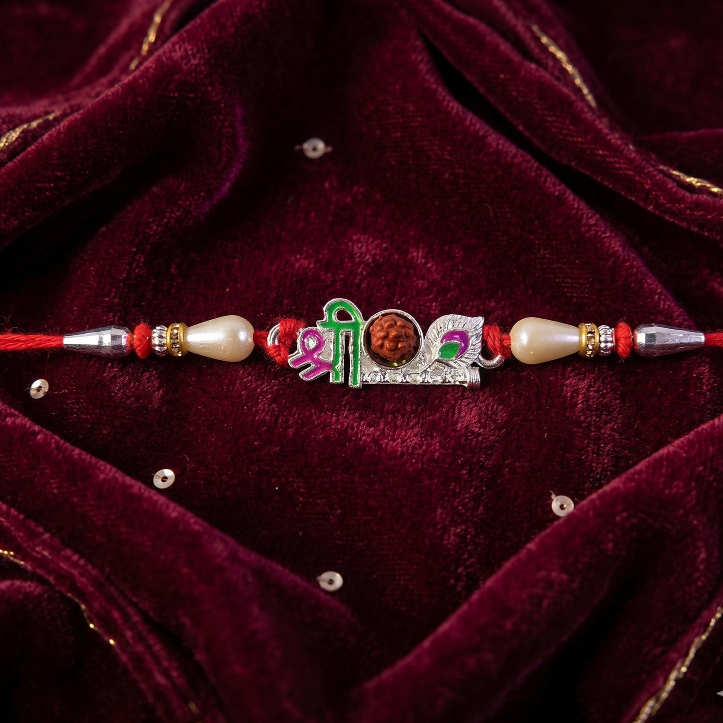Side angle of colorful rakhi highlighting intricate finishing