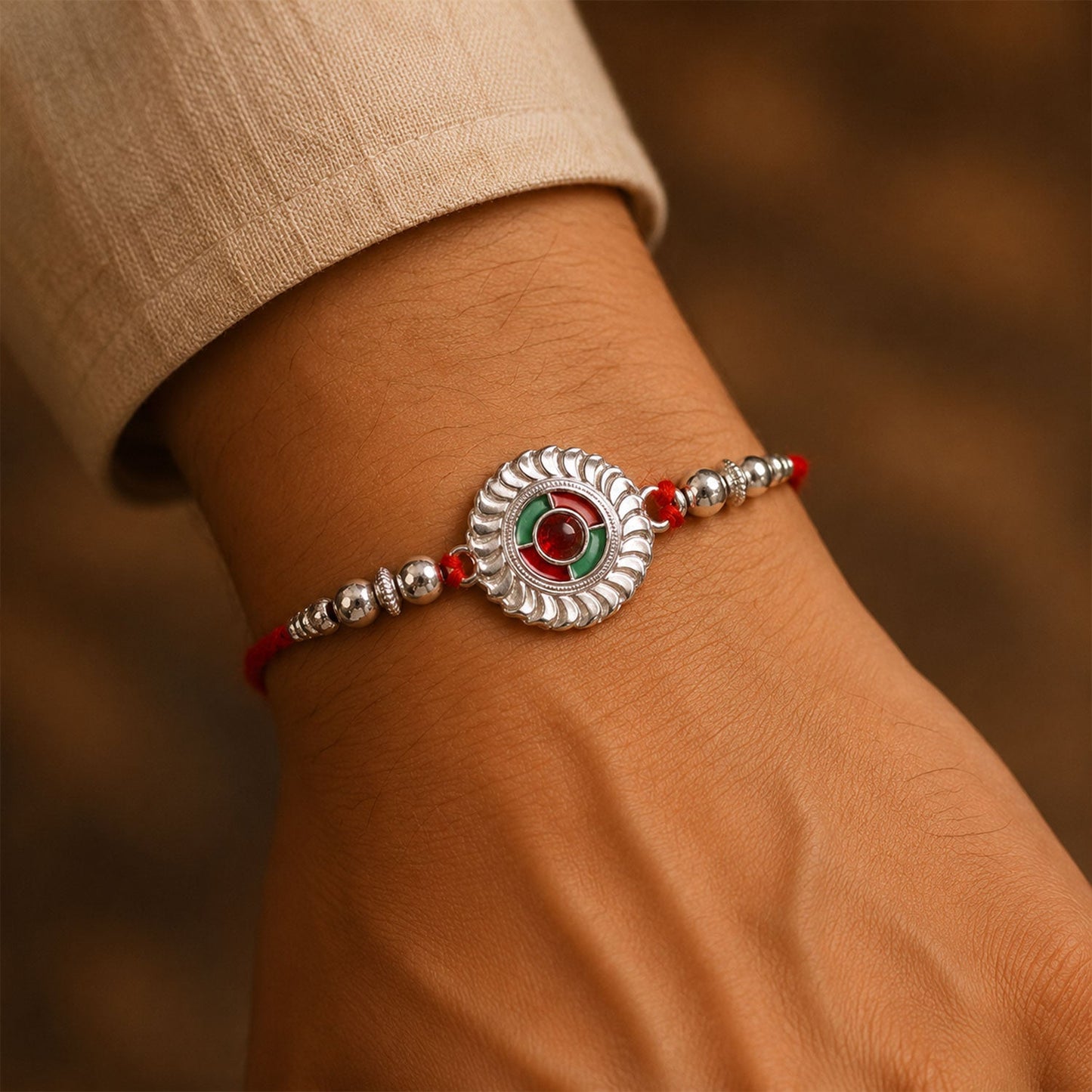 Stylish and comfortable rakhi with attractive centerpiece and beaded details