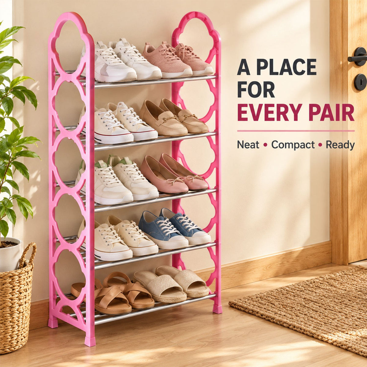 A pink five-tier shoe organizer filled with different shoes, positioned next to a door with text overlay.