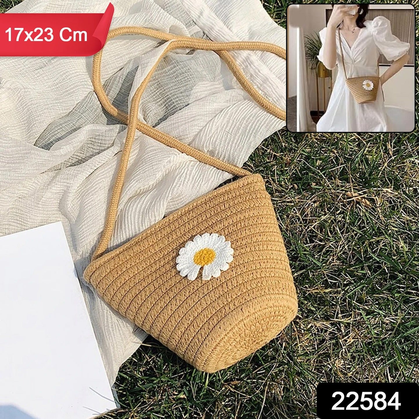 Stylish Jute Crossbody Sling Bag (1 Pc, 17x23 Cm)