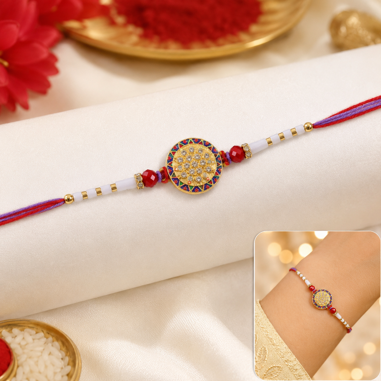 Beautifully finished festive rakhi with beads and traditional motifs