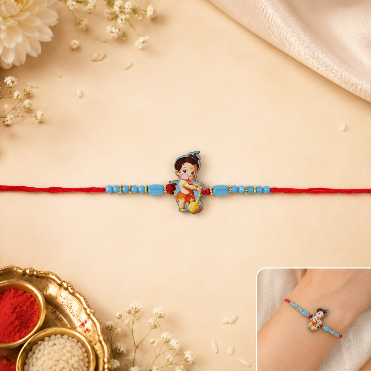Packaging shot of Hanuman Kids Rakhi, ready for gifting.
