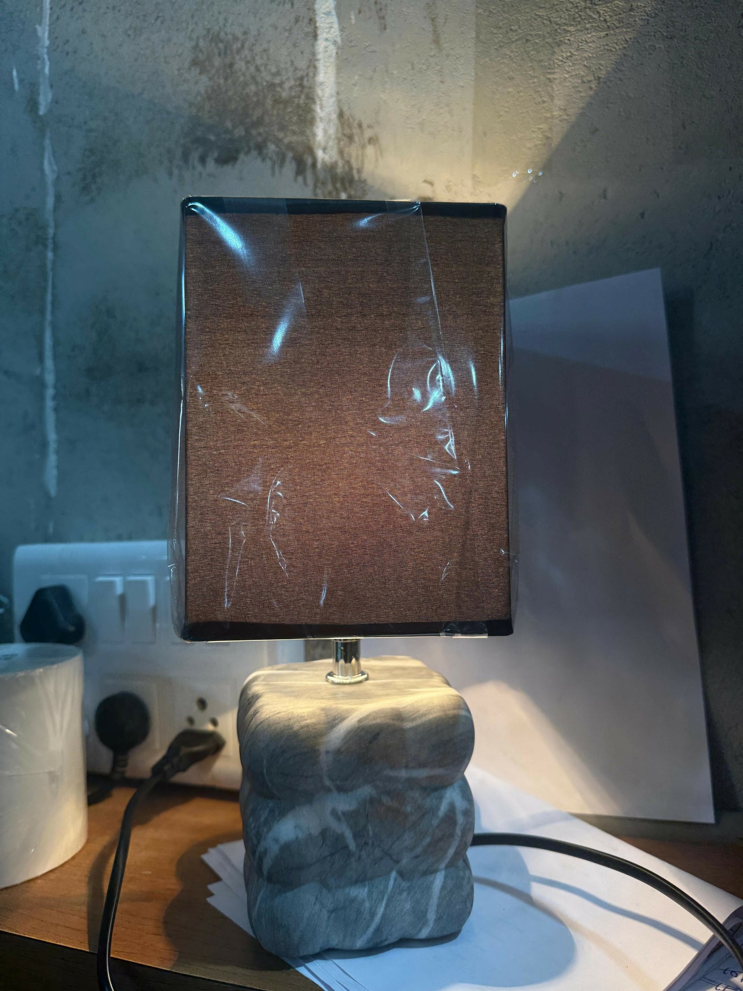 Modern Textured Grey Ceramic Table Lamp with Round Fabric Shade & Minimalist Metal Detailing | Luxury Bedside, Living Room & Study Night Lamp | Soft Ambient Lighting Decorative Home DÃ©cor Piece