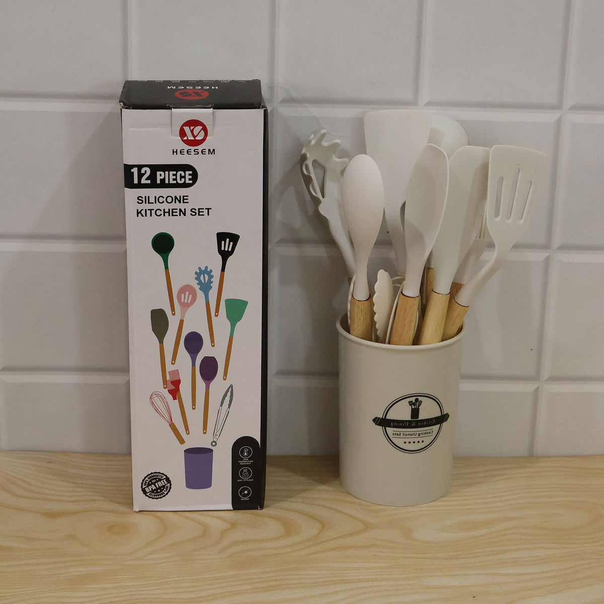 Silicone Kitchen Utensil Set with Wooden Handles and Storage Holder (12 Pc)