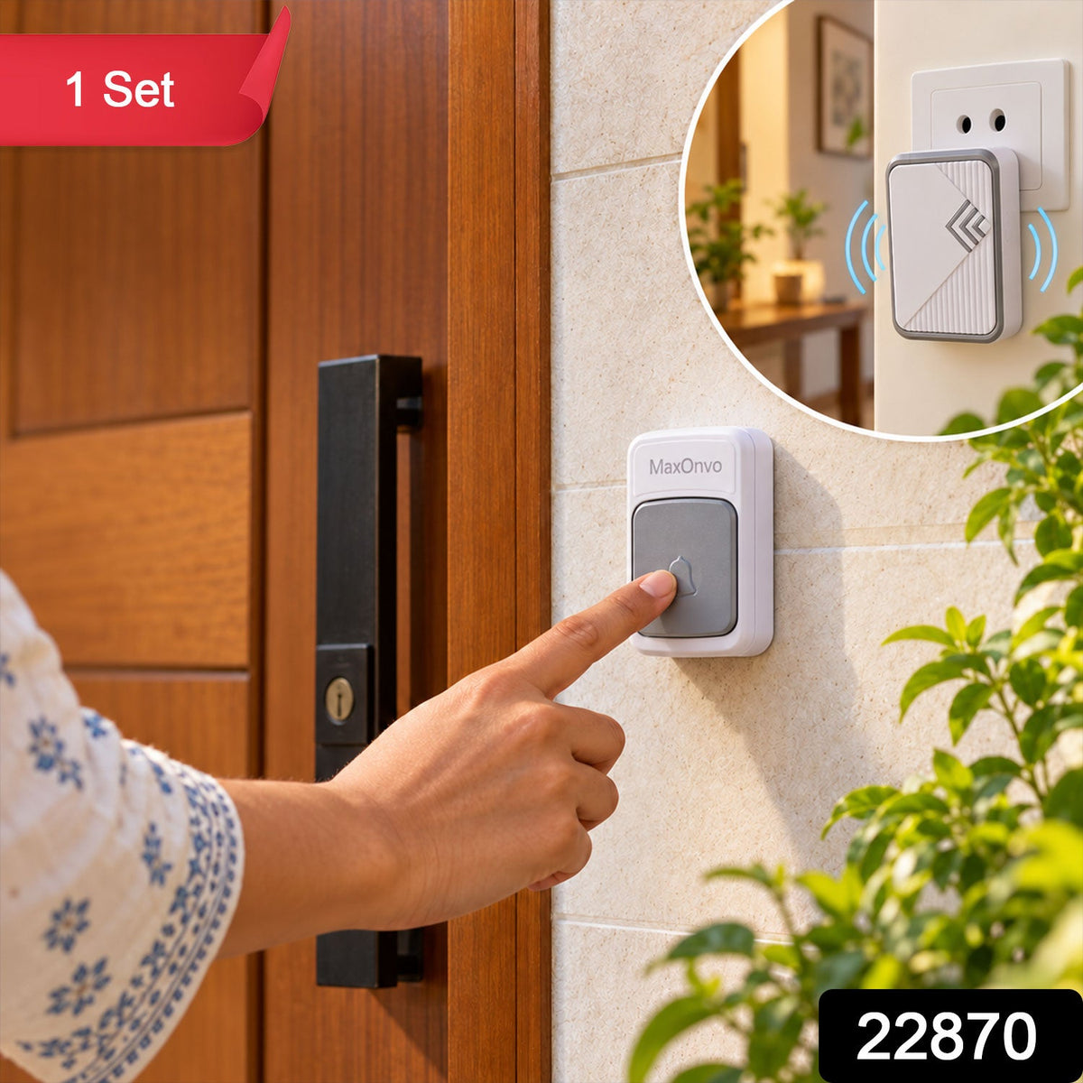 A person's hand presses a gray and white doorbell button on an outdoor wall next to a wooden door. An inset shows the