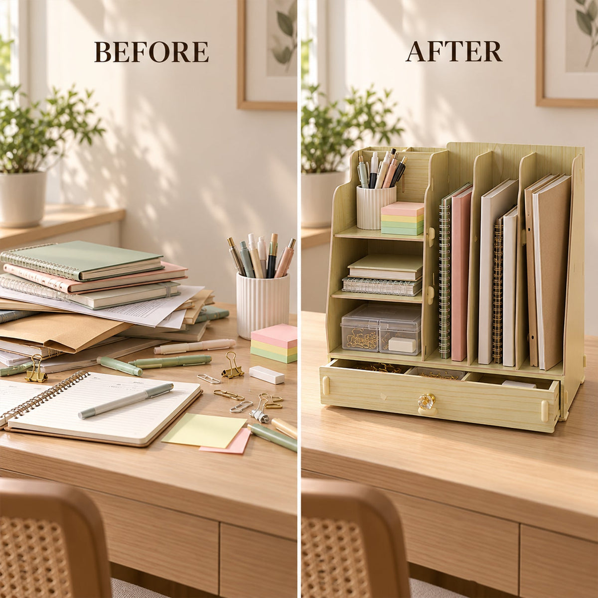 Split image showing a messy desk before and an organized desk after using the wooden organizer.