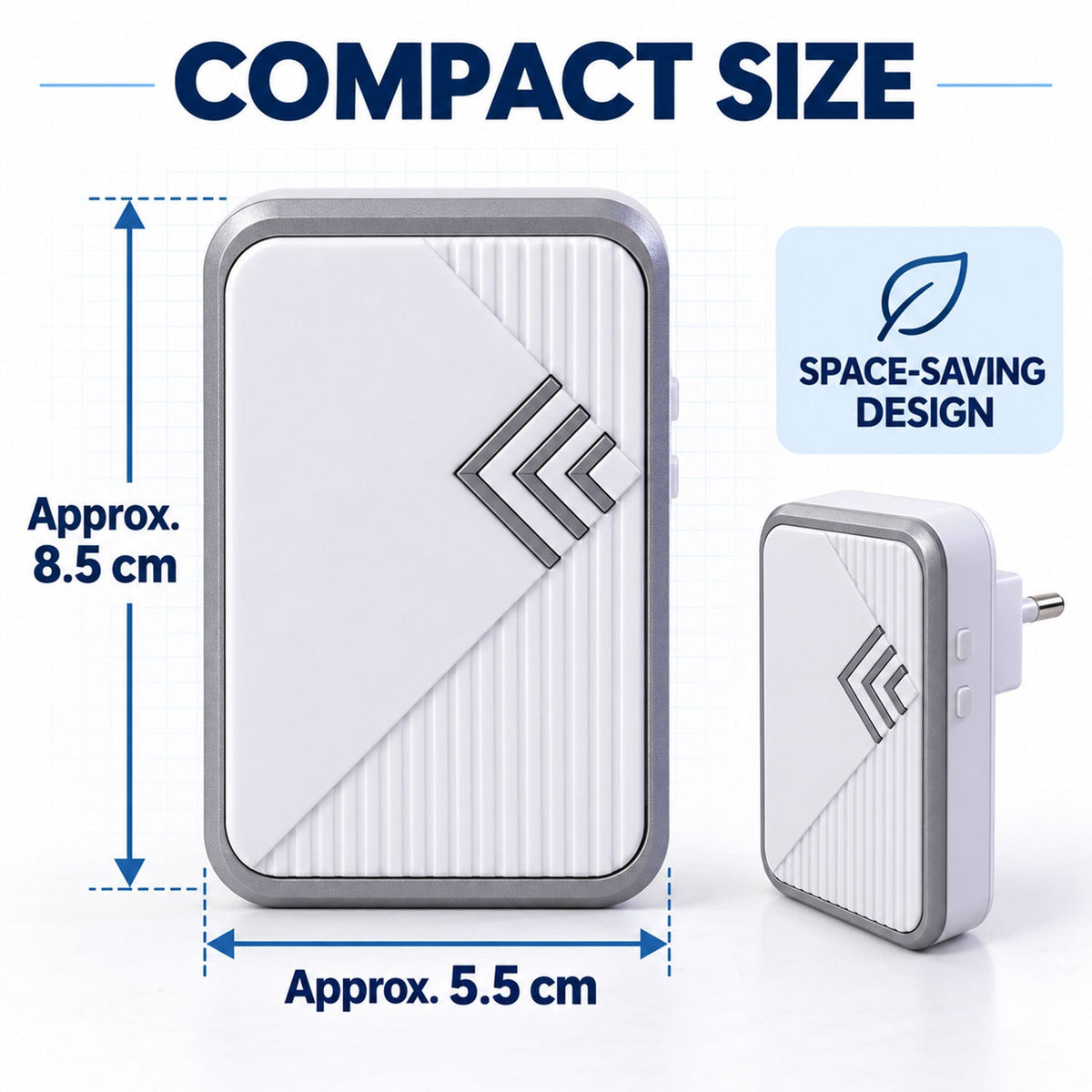 A white and gray wireless doorbell receiver and push button with dimensions showing approximate measurements of 8.5 cm and
