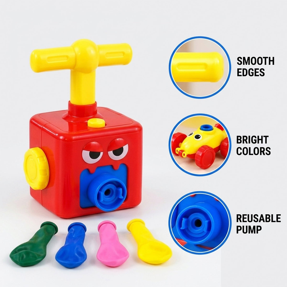 A red pump, yellow car, and four deflated balloons are shown with feature callouts.
