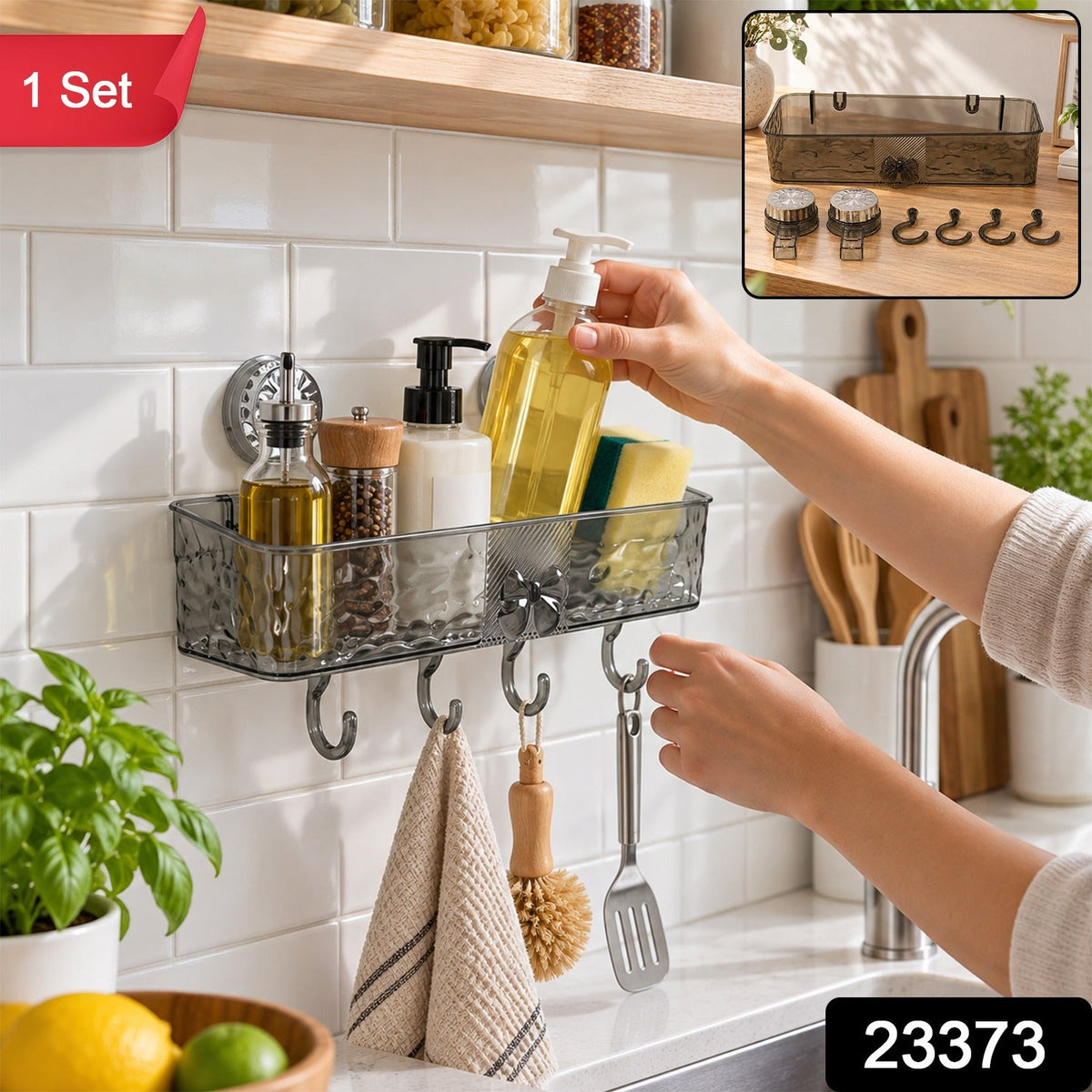 Wall Mounted Kitchen Shelf with Suction Cups and Hooks (1 Set)