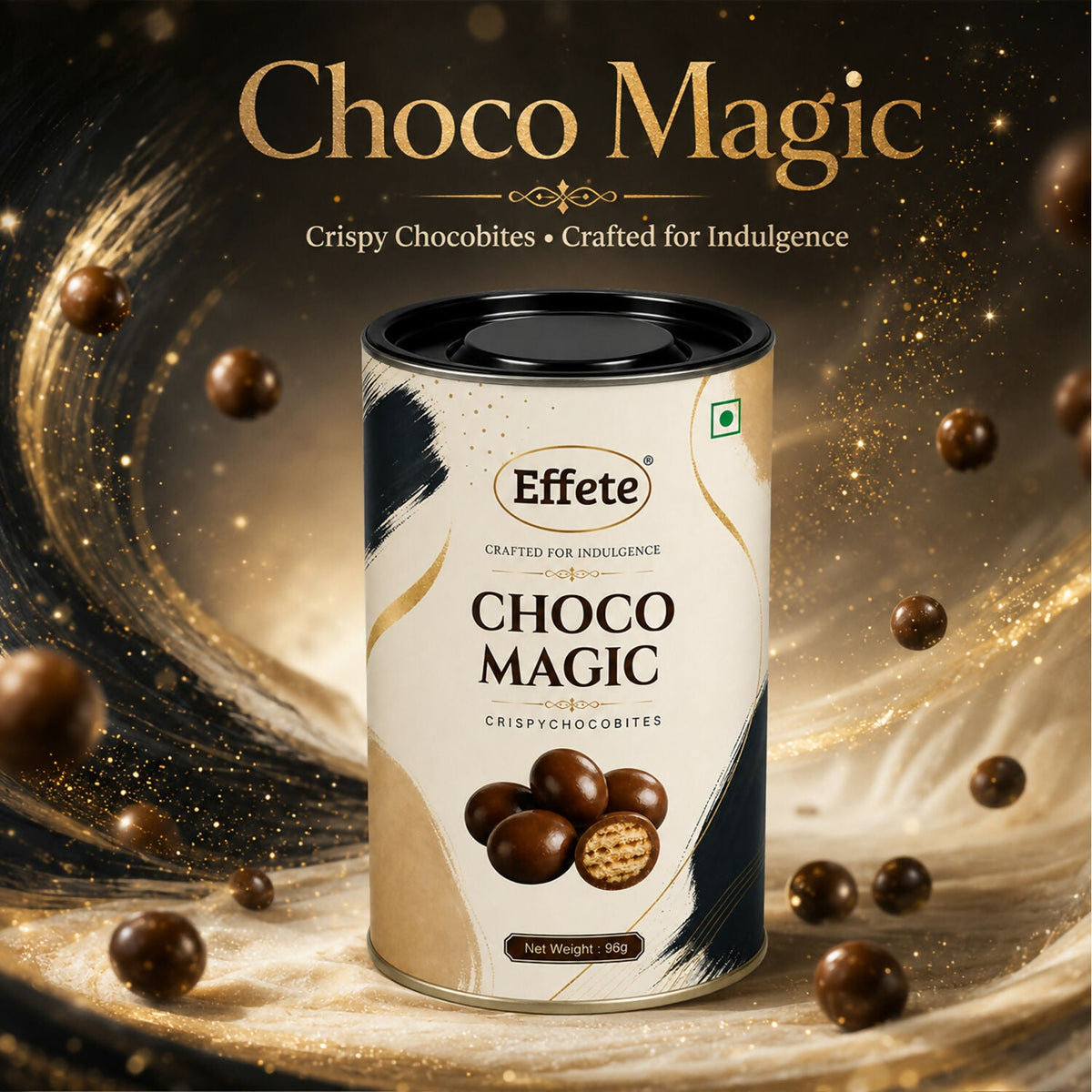 A tall cylindrical tin of Effete Choco Magic Crispy Chocobites sits amidst a swirling golden and black background with
