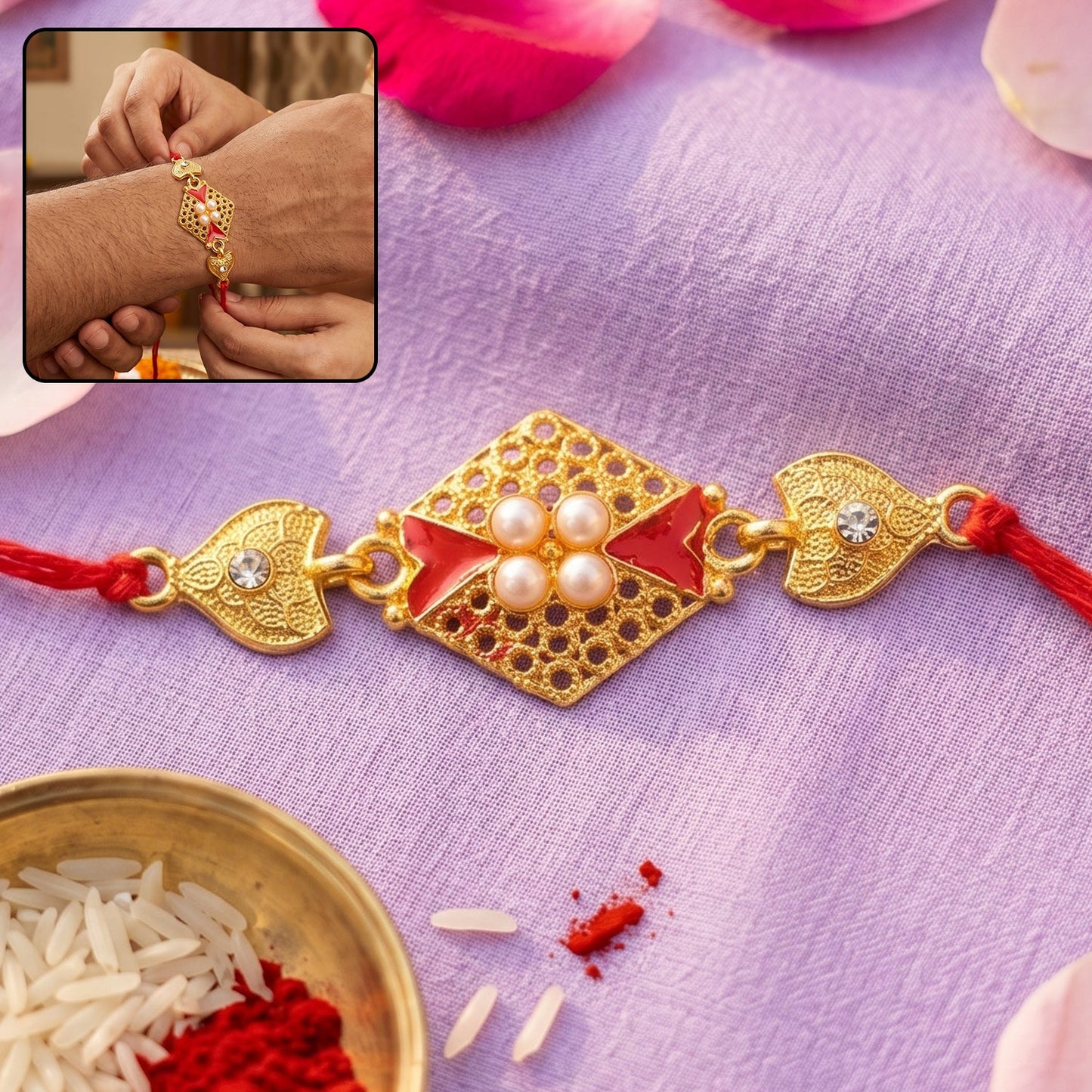 Royal Red Kundan Rakhi with pearl cluster and gold side charms front view