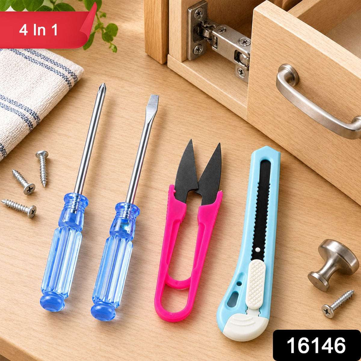 Mini Tool Kit with Screwdrivers Cutter and Thread Snips for Home (4 In 1)
