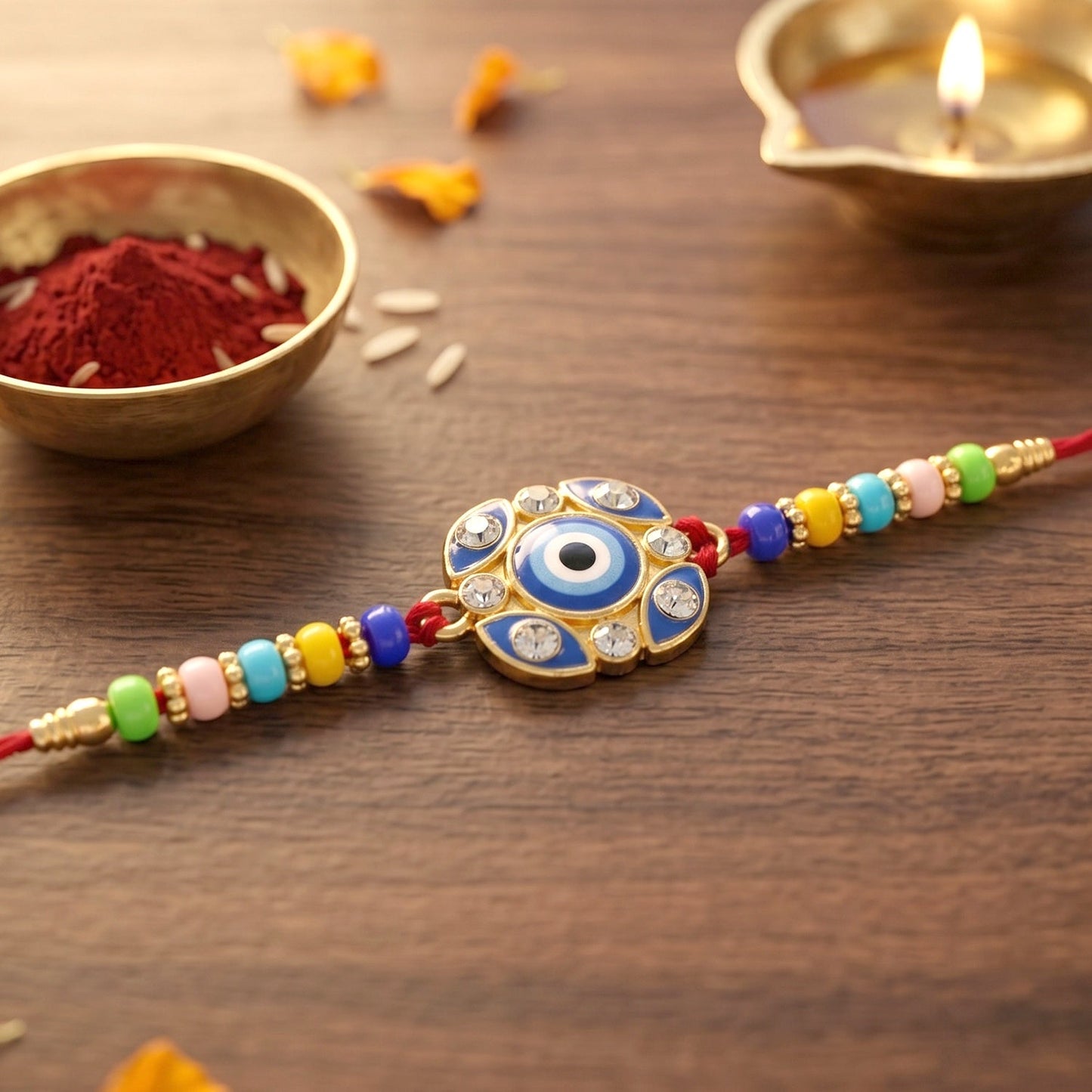 Full view of stylish Evil Eye Rakhi with protective charm