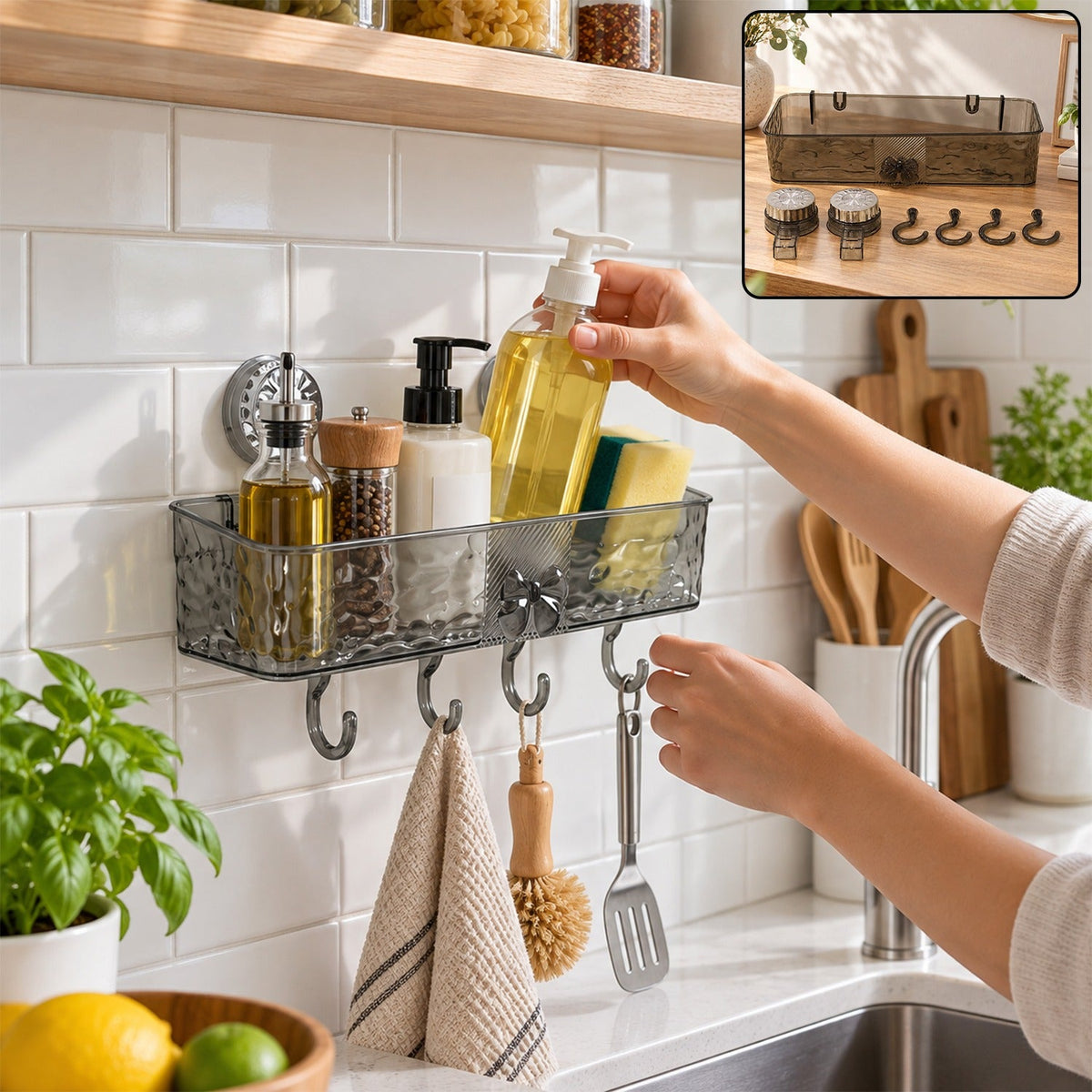 Wall Mounted Kitchen Shelf with Suction Cups and Hooks (1 Set)