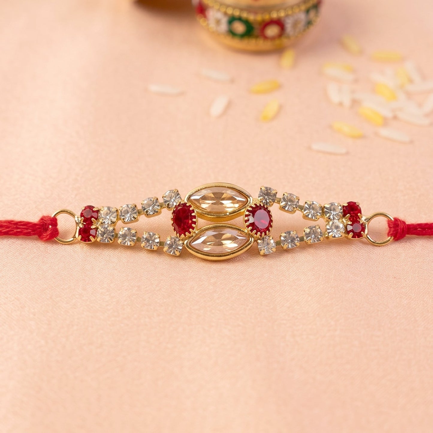 Side view of the bracelet showcasing thread work and stones.