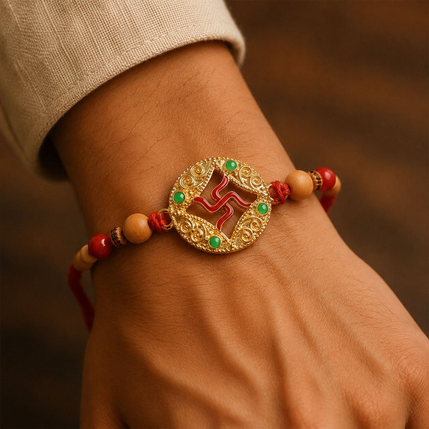 Close-up of Swastik Rakhi showcasing peach beads and detailed design