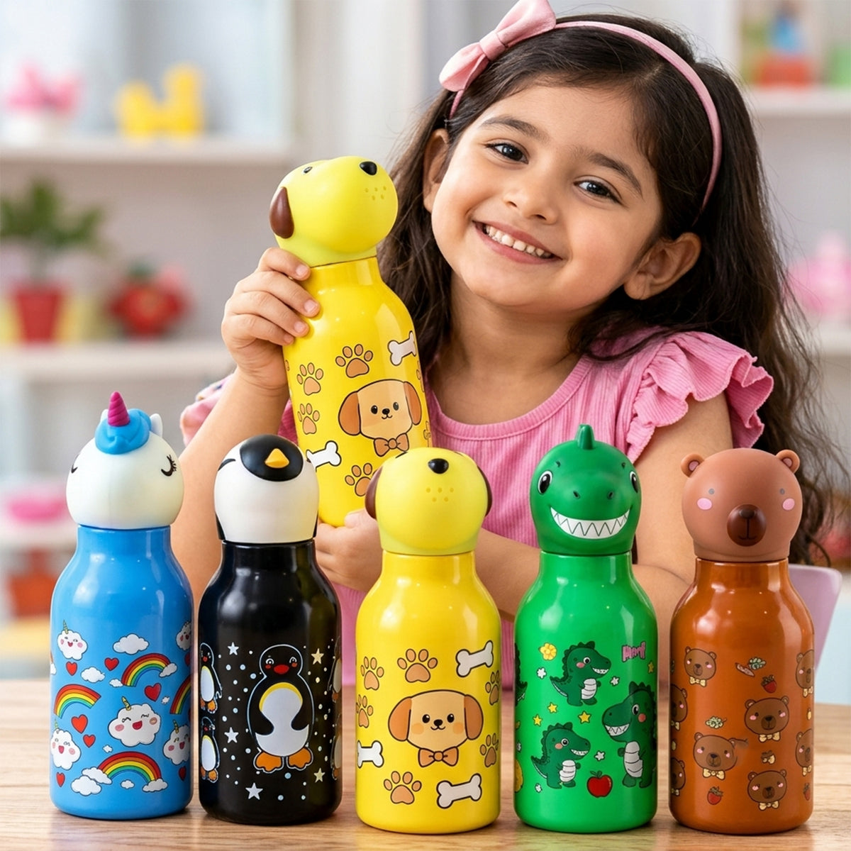 Kids Animal Water Bottle with 3D Character Cap and Printed Design (1 Pc, Mix Design)